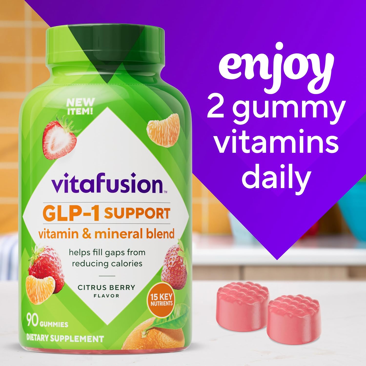 vitafusion GLP-1 Support Multivitamin, Vitamin and Mineral Blend, 15 Essential Nutrients, Citrus Berry Flavor, 90 Count, 45 Day Supply - Image 7