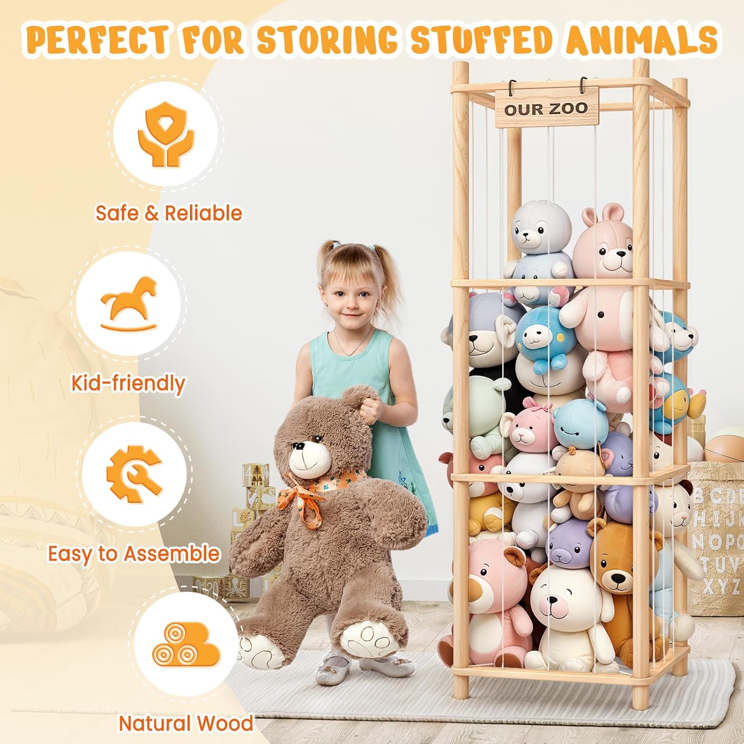 Woodure Stuffed Animal Storage & Organizer, Wooden Cute Zoo Toy Holder for Toddler Rooms, Playrooms & Bedrooms - Image 2