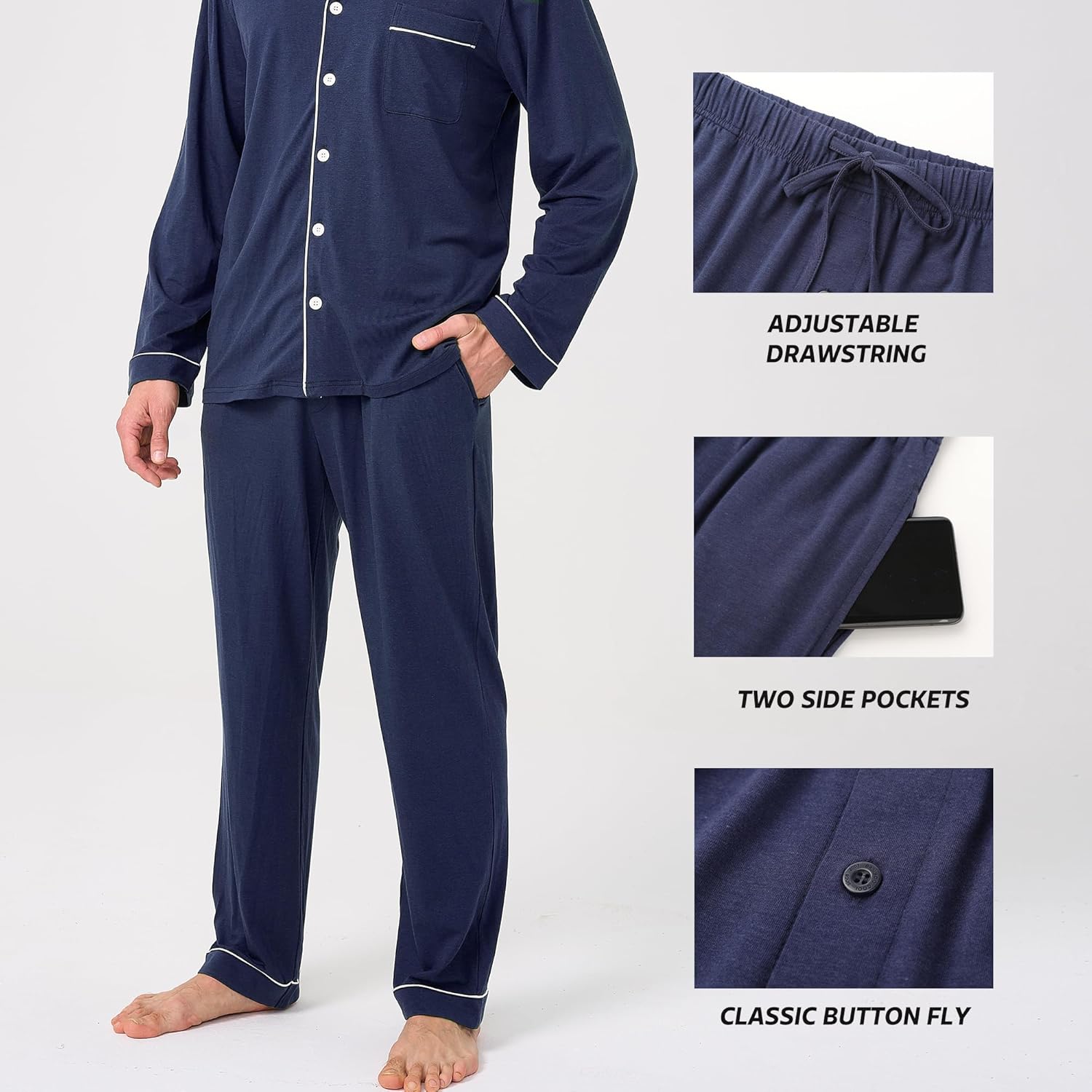 BAMBOO COOL Mens Pajama Set Bamboo Viscose Cotton Soft Lightweight Loungewear Sleepwear Long Sleeve and Pants with Pockets - Image 5