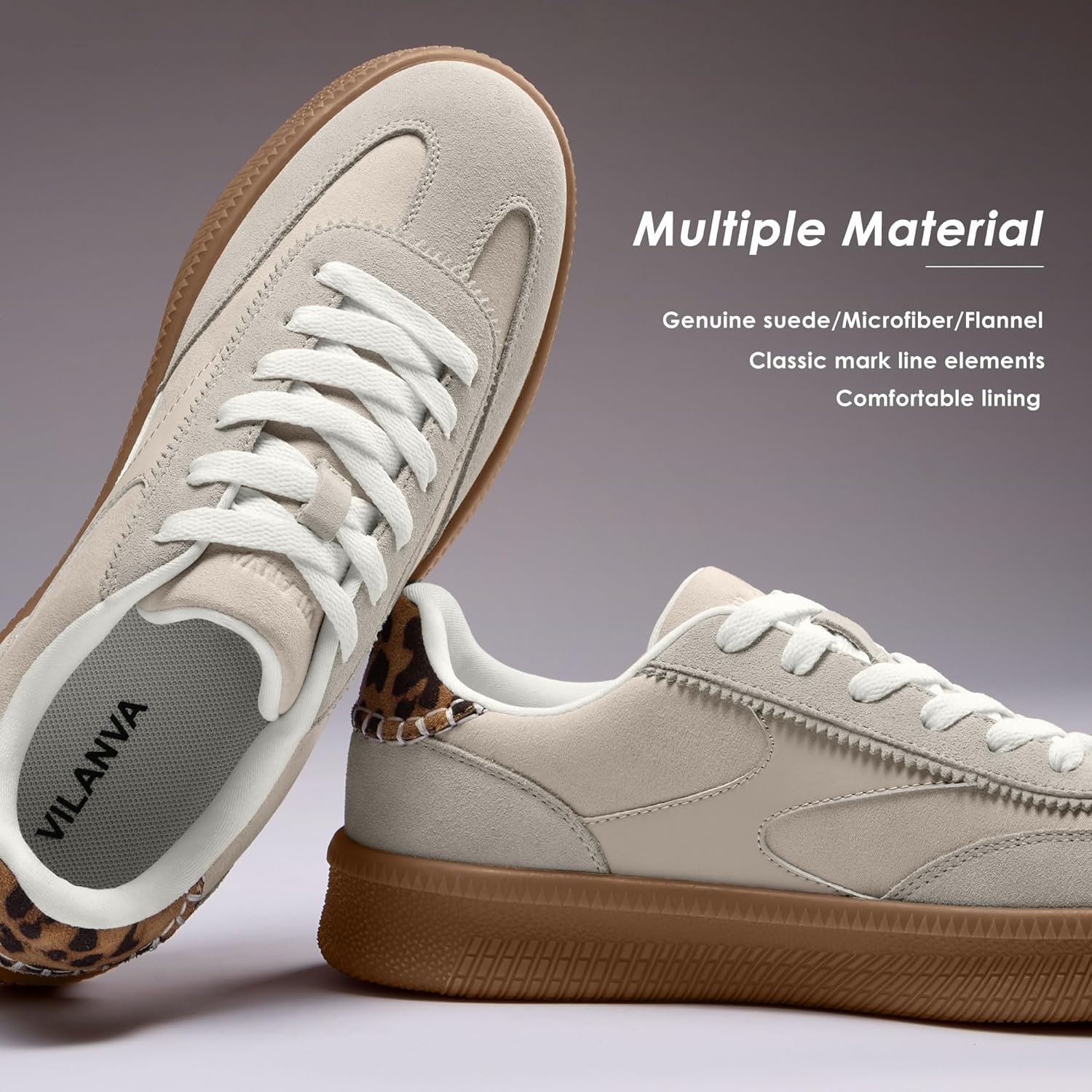Vilanva Women's Fashion Sneakers Casual Tennis Shoes with Genuine Suede Classic Retro Gum Sole Walking Trendy Footwear - Image 4