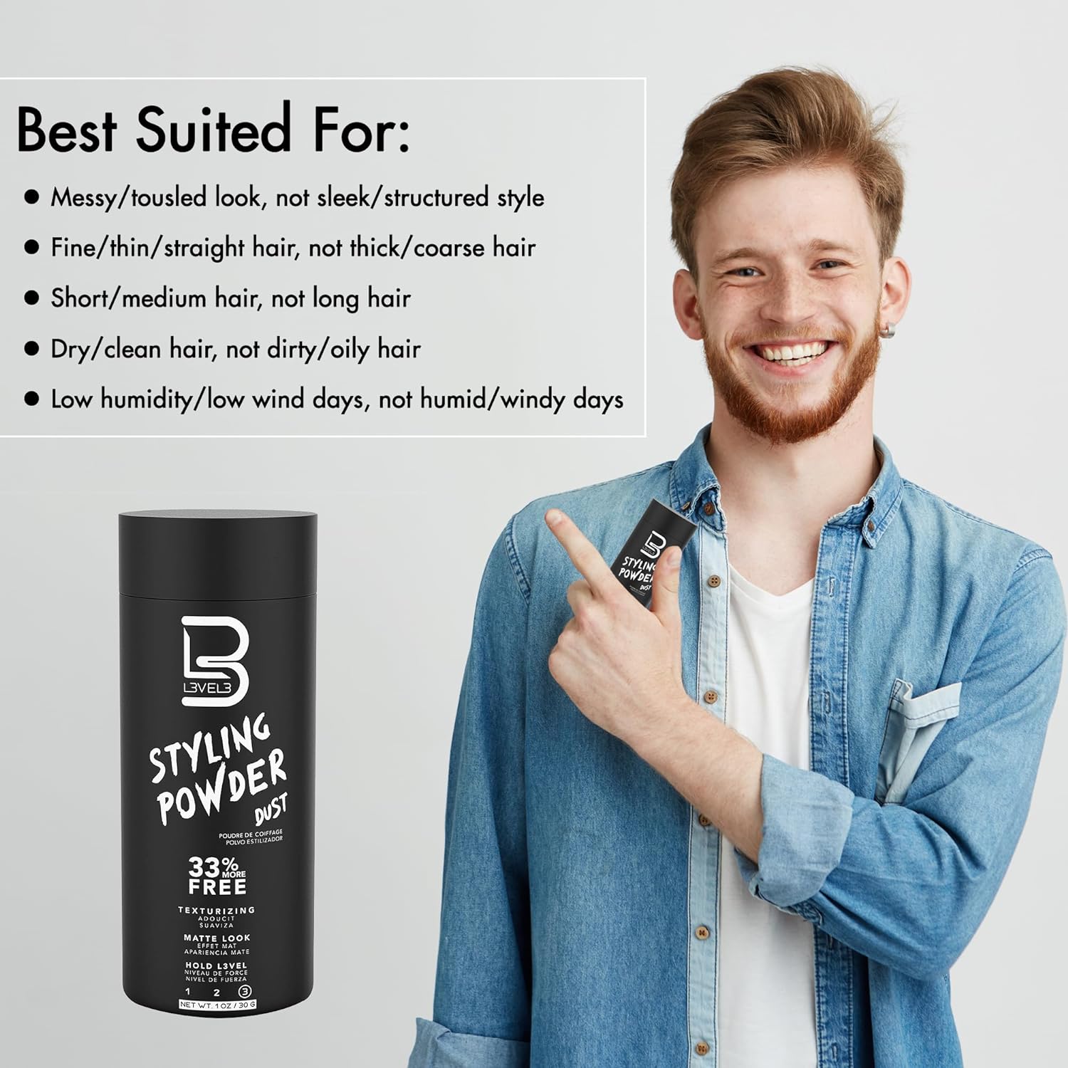 L3 Level 3 Styling Powder - Natural Look Mens Powder - Easy to Apply with No Oil or Greasy Residue (Large - 60 Grams) - Image 4