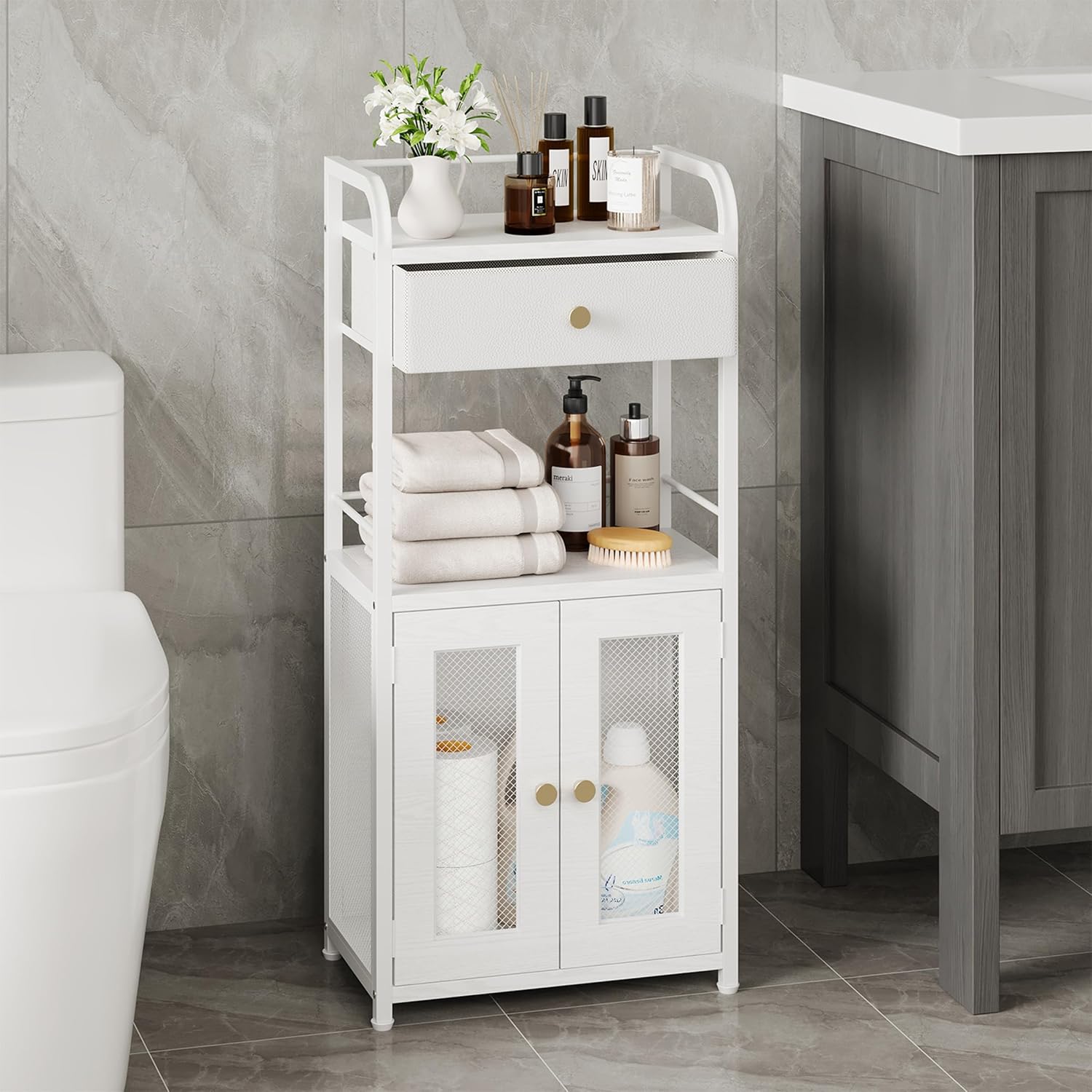 SWTYMIKI 14.57"x32.28" Bathroom Storage Cabinet – Freestanding Toilet Paper Storage with Doors & Drawer, Bathroom Organizers and Storage for Small Spaces, Laundry Room, Ideal for Towels, White - Image 2