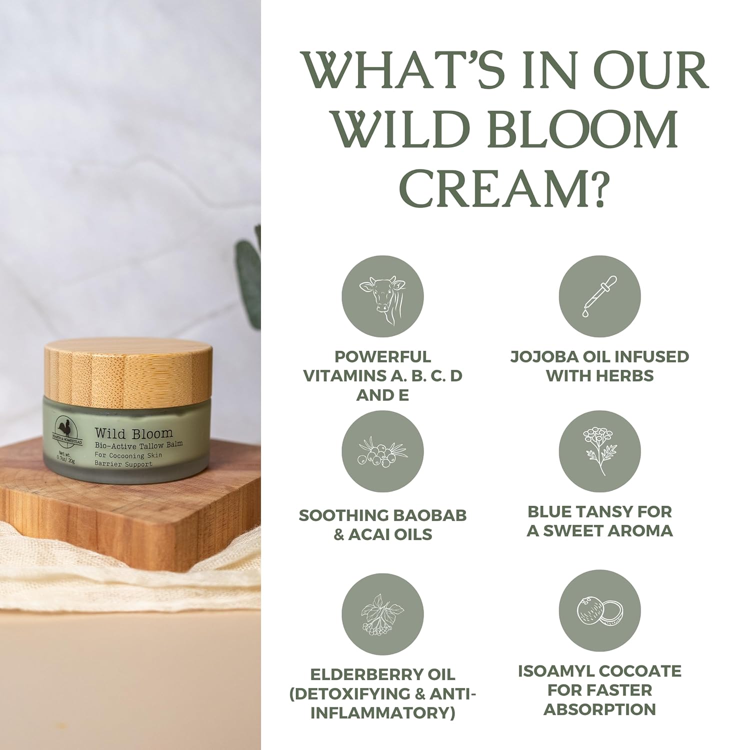 Hearth and Homestead: Handmade Wild Bloom Bio-Active Tallow Face Balm/Cream with Blue Tansy - Hydrate, Nourish, and Protect Skin - .7 oz - Image 3