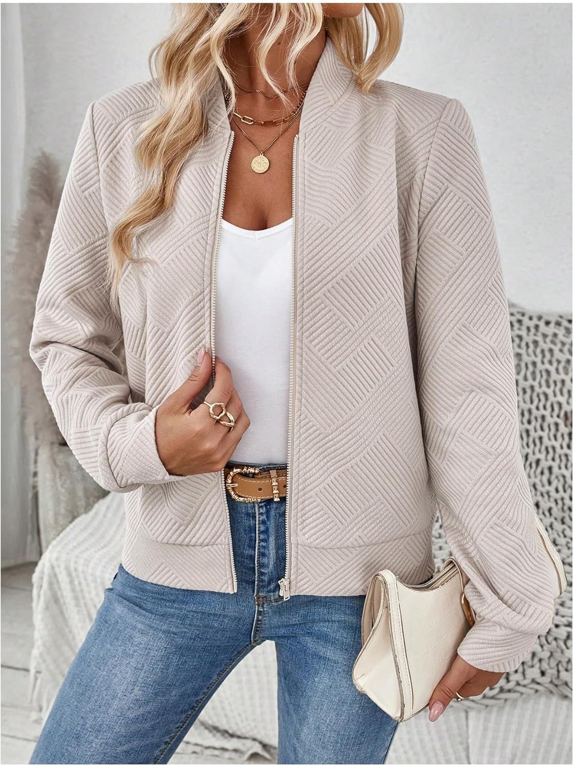 Verdusa Women's Zip Up Bomber Jacket Casual Long Sleeve Textured Lightweight Coat Business Casual Outfits Spring Fall Clothes - Image 6