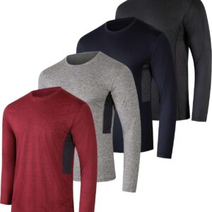Real Essentials 4 Pack: Mens Long Sleeve Dry Fit T Shirts Hiking Fishing Workout Gym Work Sun UPF 50 Wicking Running Tee