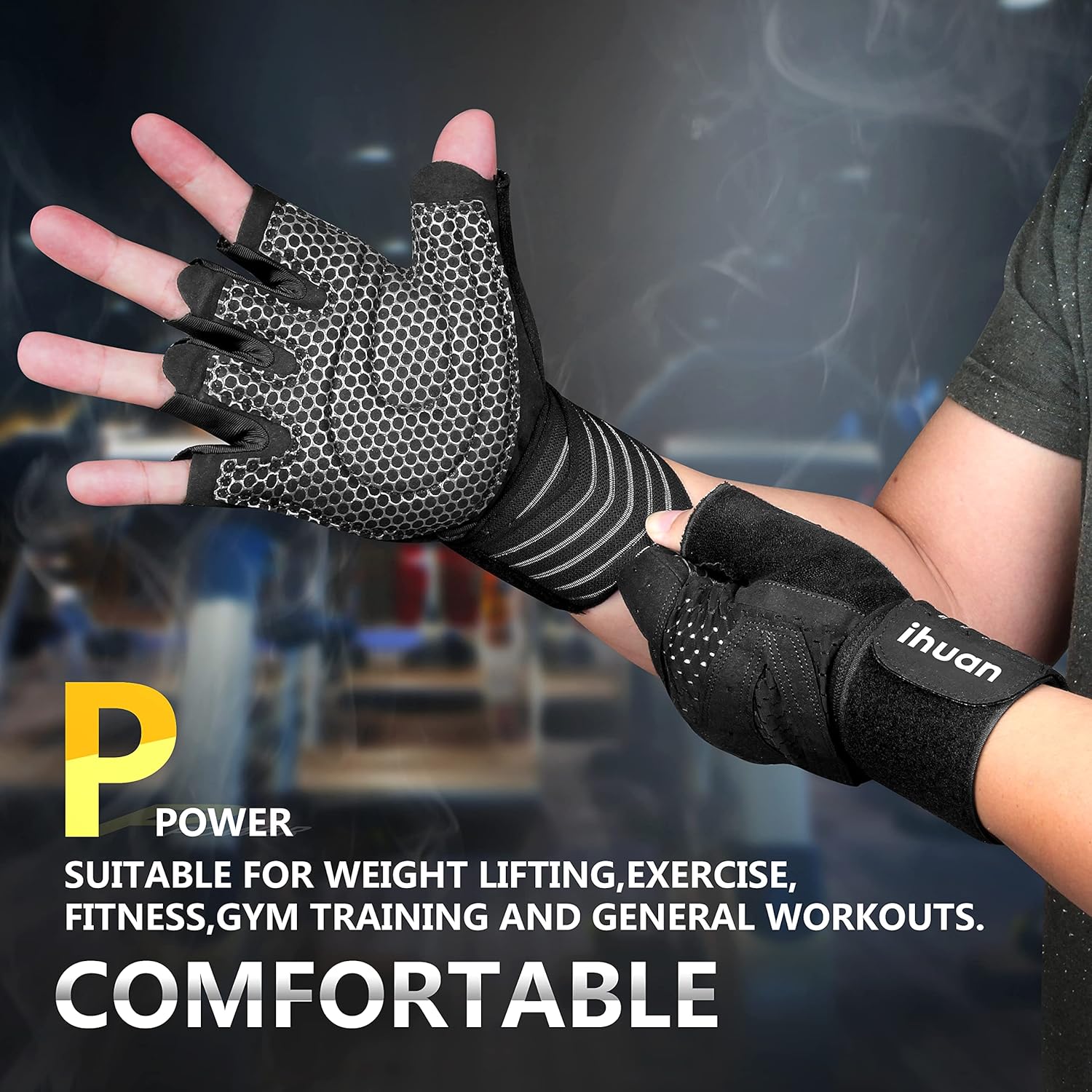 ihuan Ventilated Weight Lifting Gym Workout Gloves with Wrist Wrap Support for Men & Women, Full Palm Protection, for Weightlifting, Training, Fitness, Hanging, Pull ups - Image 3