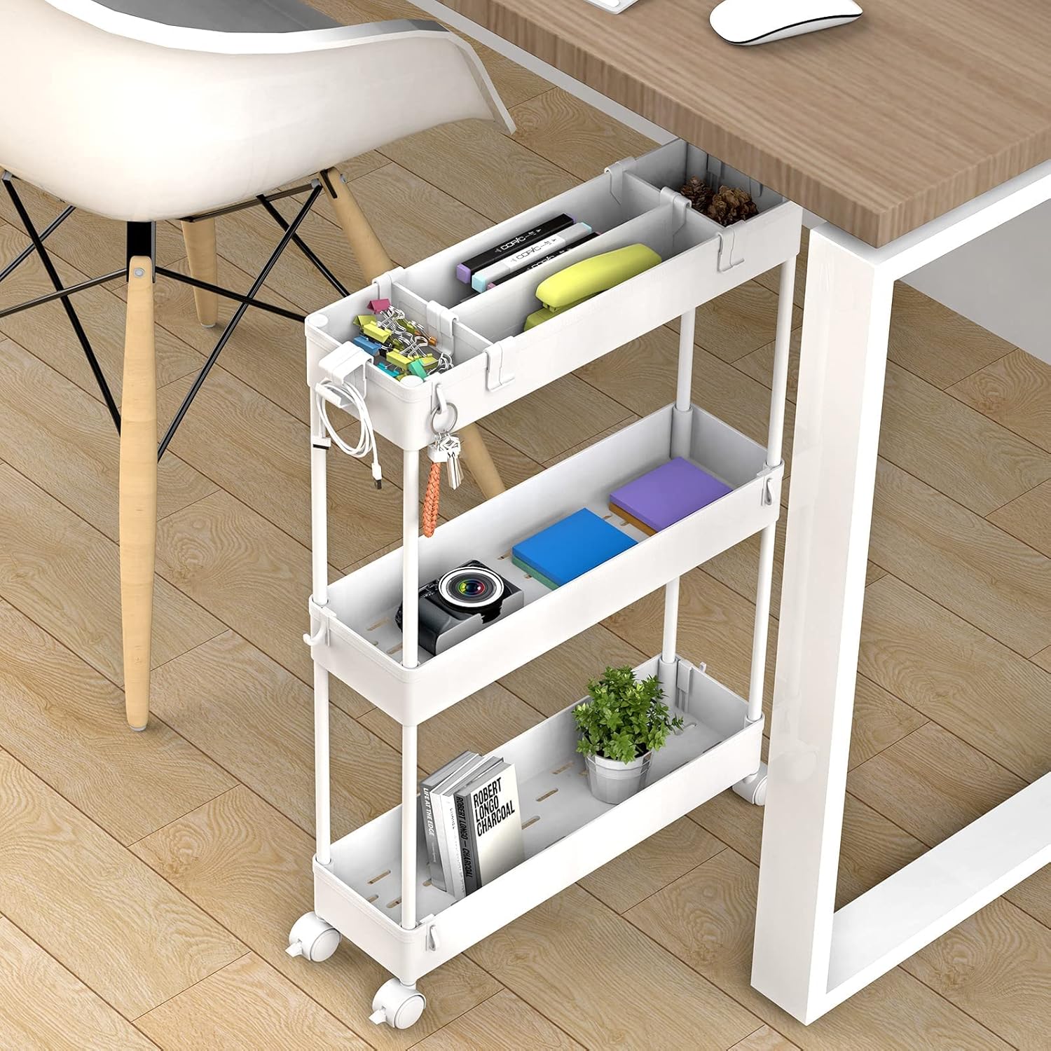 SPACELEAD Slim Storage Cart 3 Tier,Bathroom Organizer Rolling Utility, Mobile Shelving Unit Slide Out for Office, Kitchen, Laundry Room & Narrow Places,White - Image 3