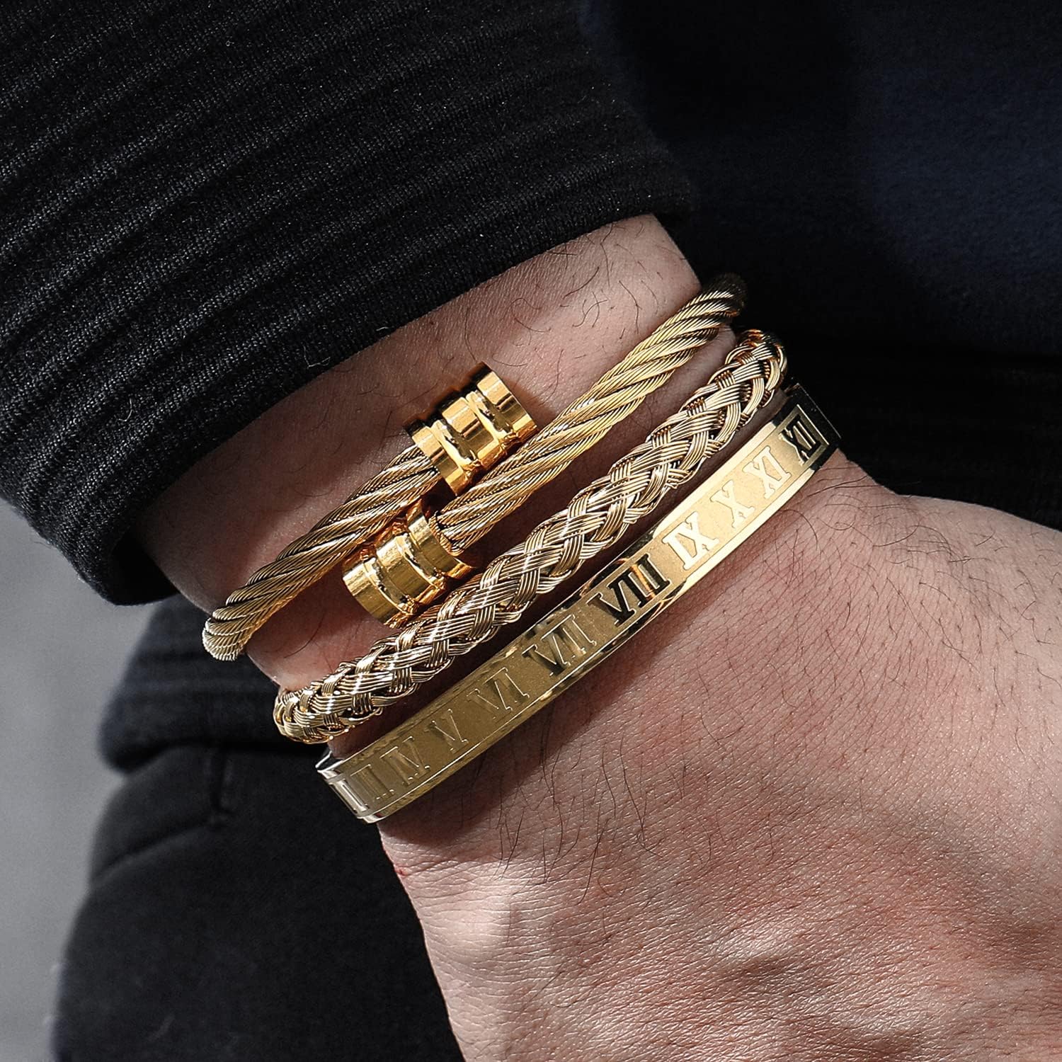 WFYOU 3PCS Stainless Steel Bracelets for Men Gold Roman Numeral Bangle Bracelet Twisted Cable Bracelet Adjustable Cuff Bracelet Mens Luxury Jewelry Bracelets Gifts - Image 7