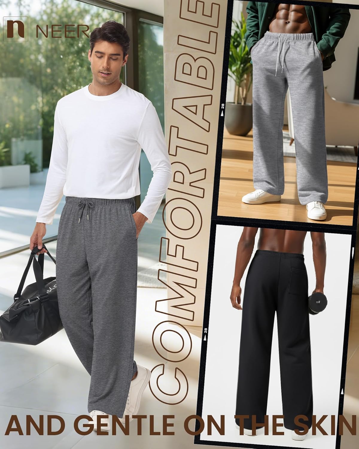 Neer 4 Pack Men's Lightweight Sweatpants Summer Wide Leg Drawstring Open Bottom Pants Gym Baggy Lounge Joggers with Pockets - Image 4