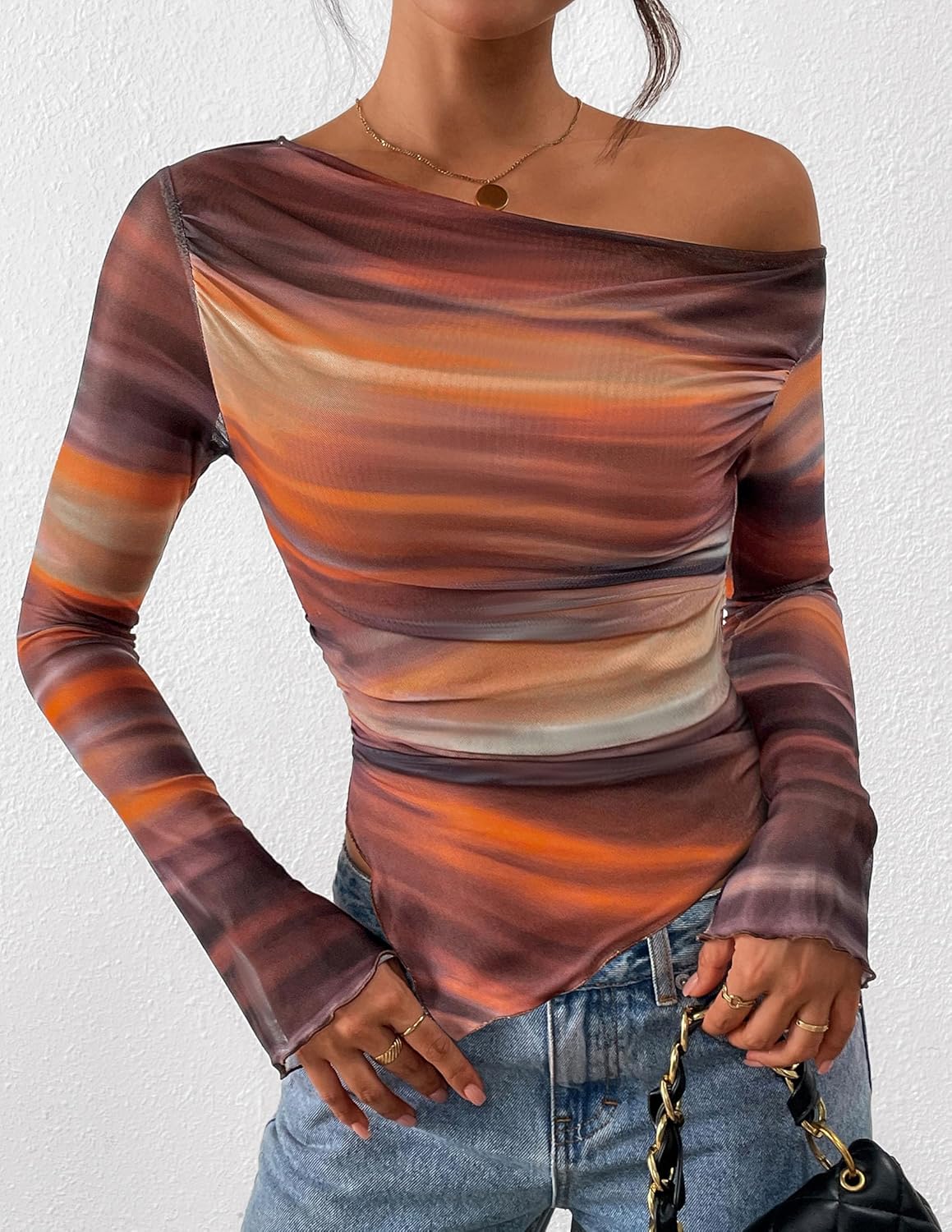 PRETTYGARDEN Womens Fall Trendy Off Shoulder Y2k Tops 2026 Tie Dye Mesh Long Sleeve Shirts Asymmetrical Ruched Floral Blouse - Image 7