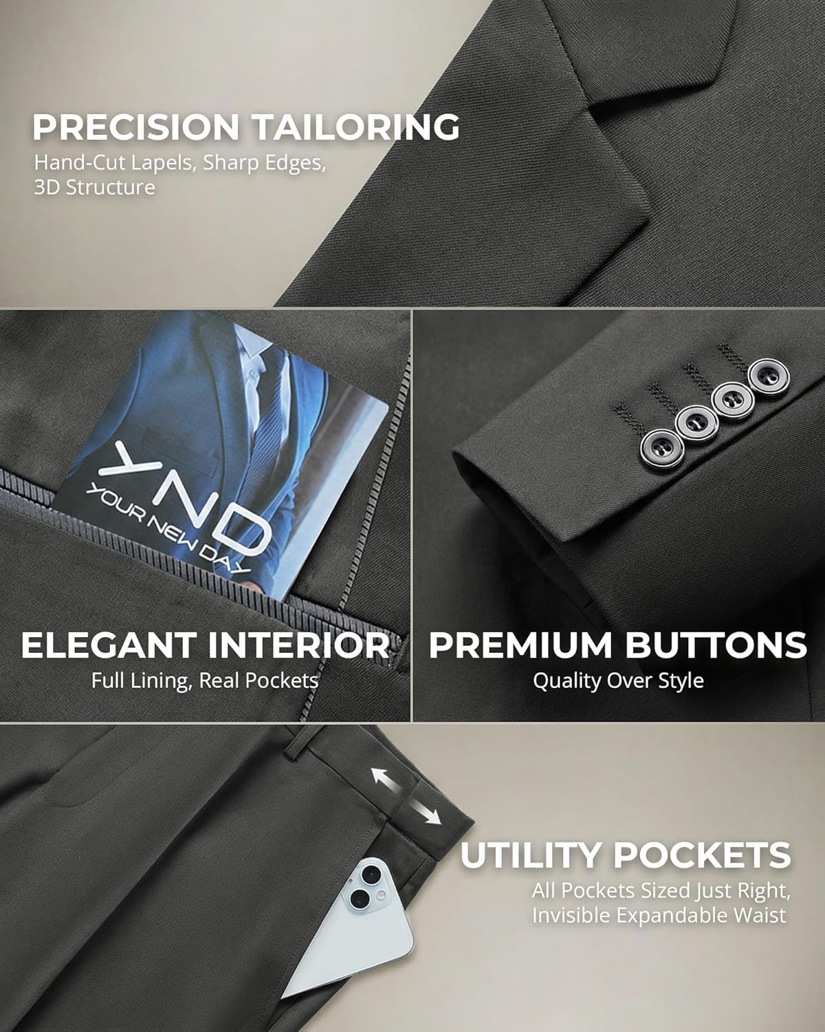 YND Men's 2 Piece Suit with Tie, One Button Slim Fit Solid Jacket and Pants Set, Suits for Men Prom Party Wedding & Business - Image 4