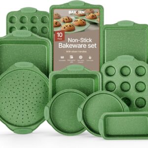 BAKKEN Kitchen Baking Pan Set – Nonstick Green Marble Coating, Carbon Steel Bakeware Sets with Green Silicone Handles, Kitchen Essentials, PFOA, PFOS, PTFE Free, Oven Safe (Up To 450° F), Set of 10