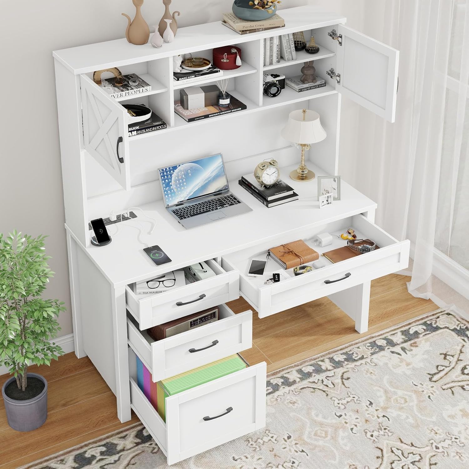 Halitaa Farmhouse 67" H Executive Desk with Hutch,Office Desk with 4 Drawers and LED Light, Wood Workstation for Home Office and Study, Computer Desk with File Drawers, Charging Station.Cream White - Image 6