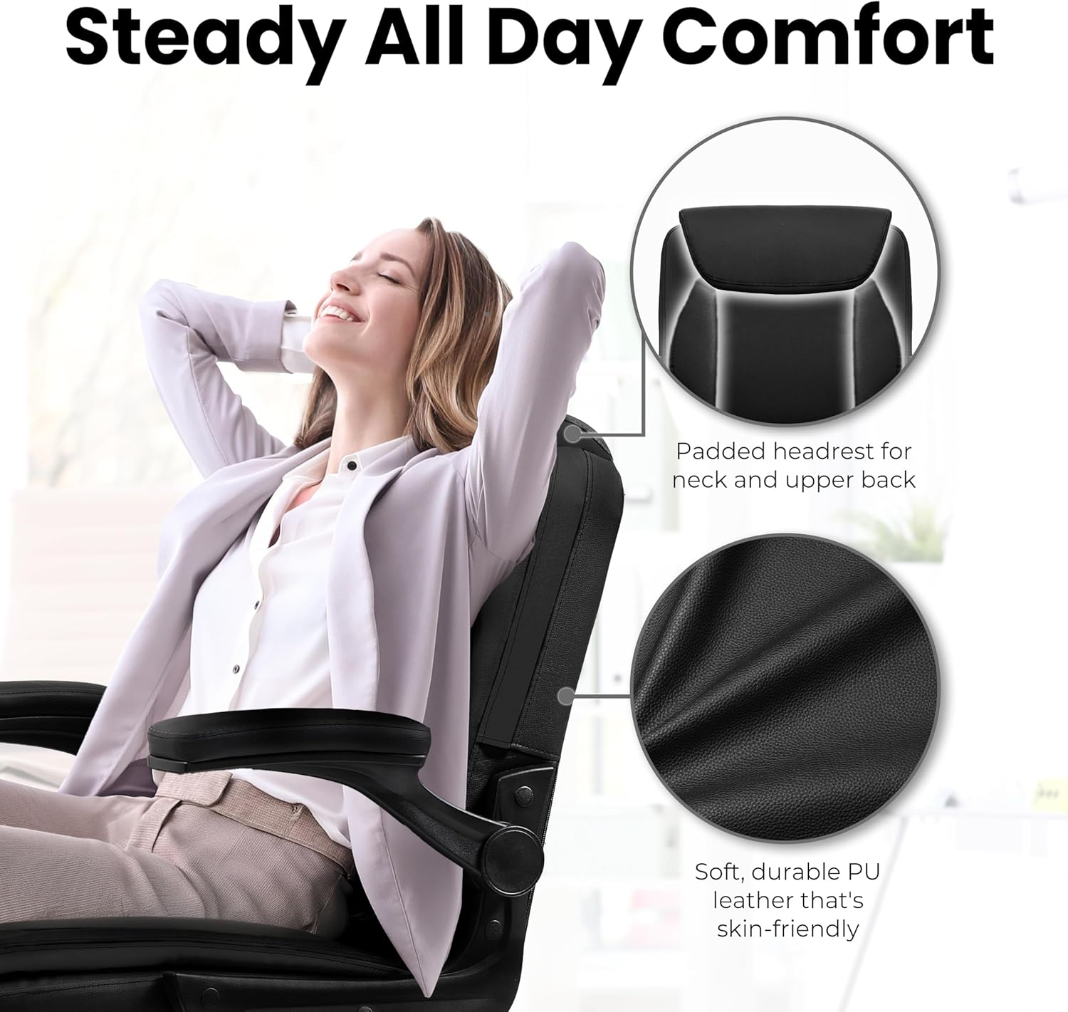 NEO CHAIR Desk Office Gaming Computer Chair Ergonomic Executive Mid-Back Leather with Adjustable Padded Flip-Up Armrests Cushion Wheels Swivel for Home Study Task (Black White) - Image 4