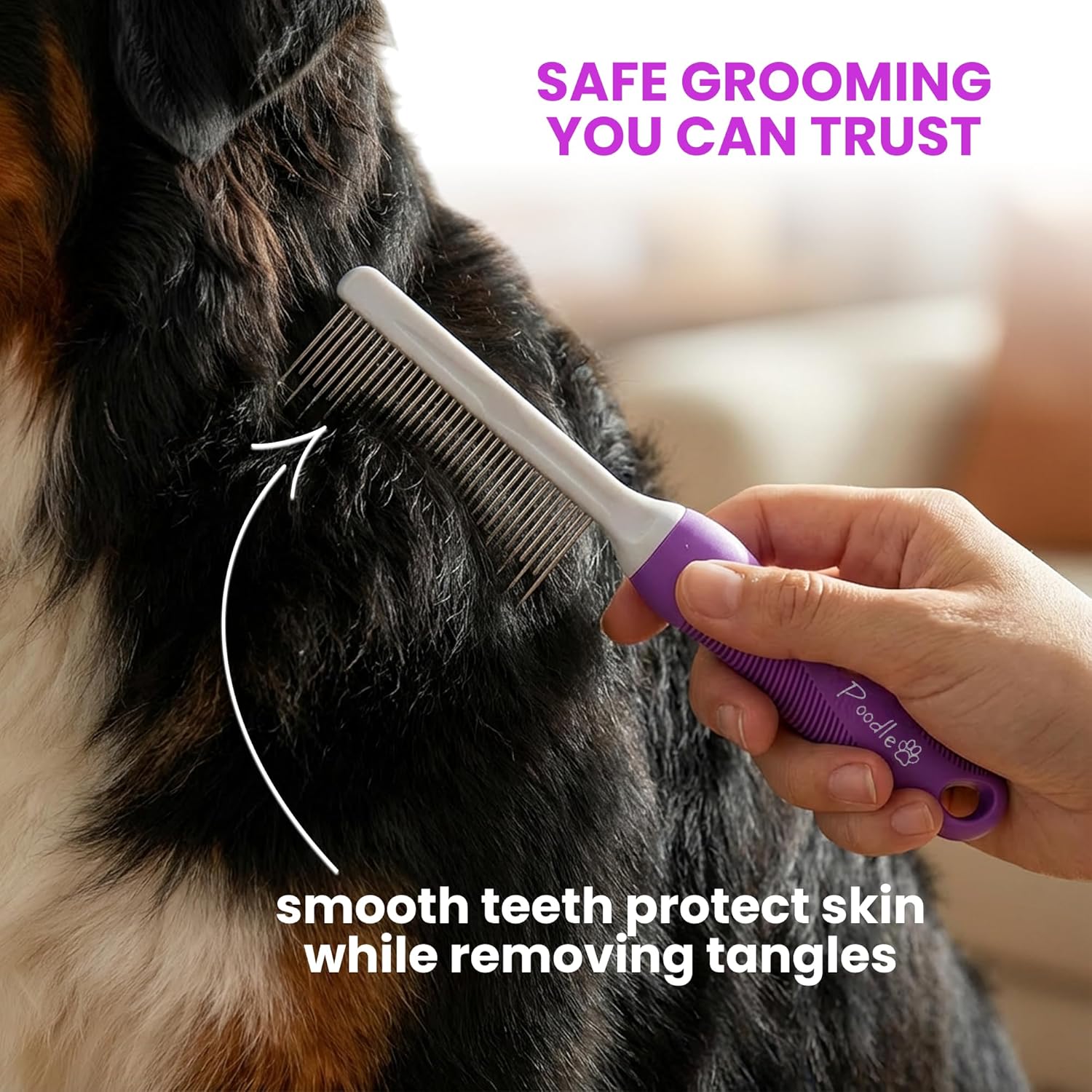 Poodle Pet Detangling Pet Comb with Long & Short Stainless Steel Teeth for Removing Matted Fur, Knots & Tangles – Detangler Tool Accessories for Safe & Gentle DIY Dog & Cat Grooming - Image 2