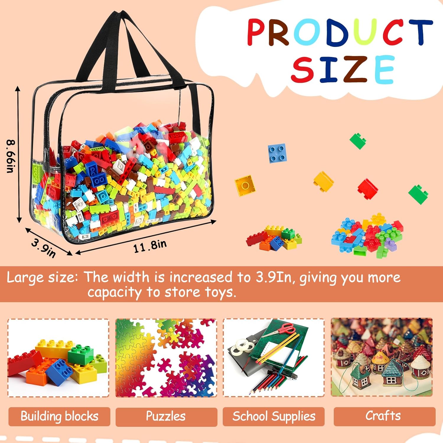 6 Packs Large Toy Storage Bags with Labels, Reusable Clear PVC Board Game Storage, Travel Waterproof Organizer Bags with Zipper for Building Blocks, Puzzle, Kids Books - Image 2