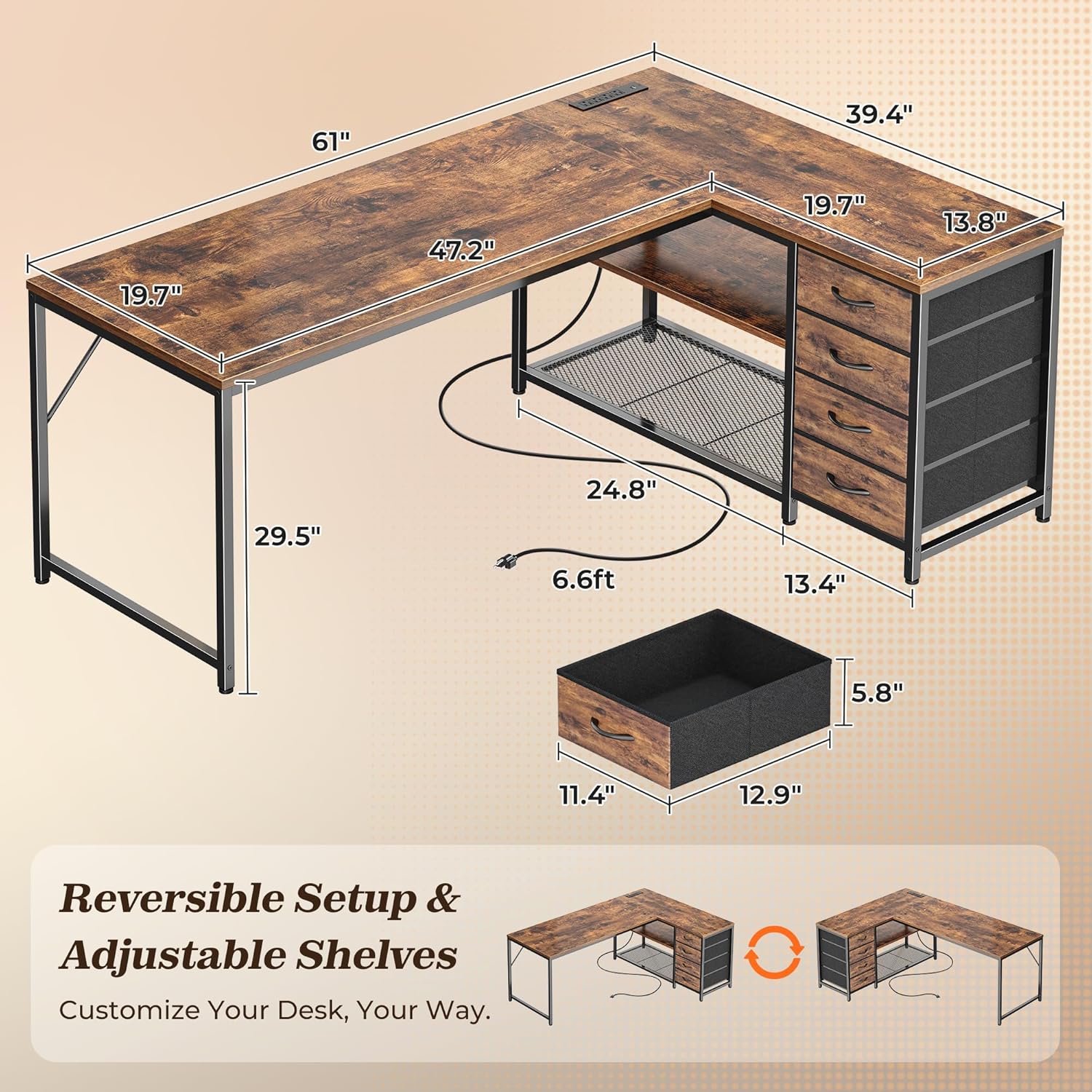 PRAISUN 61" L Shaped Desk with Power Outlets and USB-C Port, Reversible Computer Corner Office Desk with 4 Fabric Drawers and 2 Height-Adjustable Shelves, Large for Gaming Writing Study, Rustic Brown - Image 3