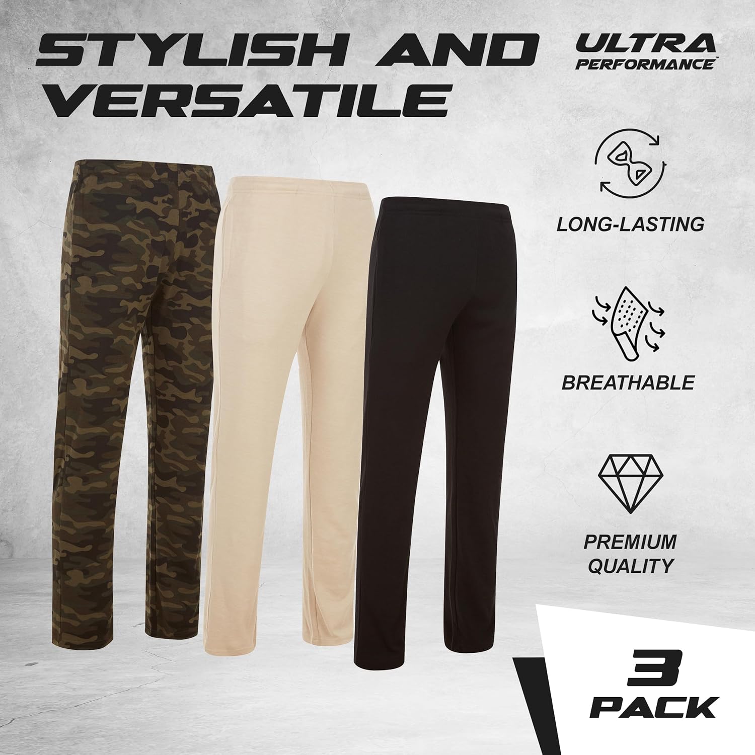Ultra Performance 3 Pack Mens Sweatpants, Wide Leg Open Bottom Lounge Sweat Pants for Men - Image 5