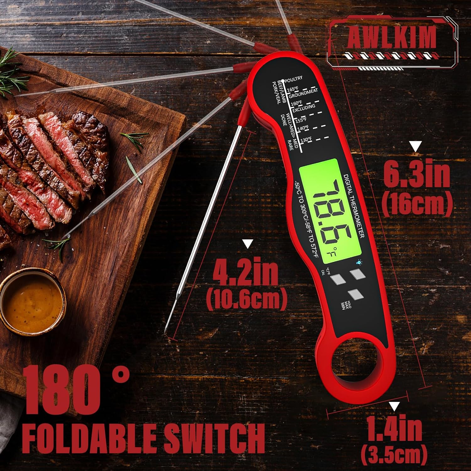 AWLKIM Meat Thermometer Digital - Instant Read Waterproof Food Thermometer with Backlight for Cooking, Grill, Candy, Kitchen & Stocking Stuffers for Men - Red - Image 3