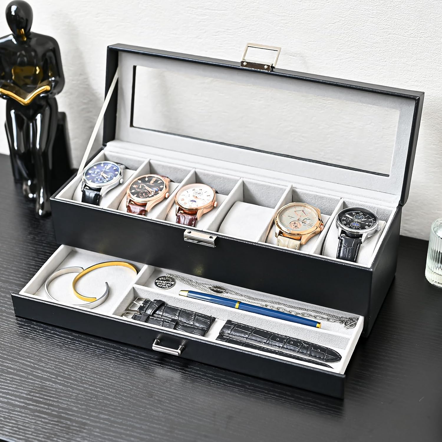 ProCase Watch Box, 6 Slot Watches Display Case with Drawer, Mens Watch Case with Glass Lid, 2-Layer Mens Jewelry Organizer Storage Holder, Birthday Valentine Gifts for Men -6 Slot, Black - Image 8