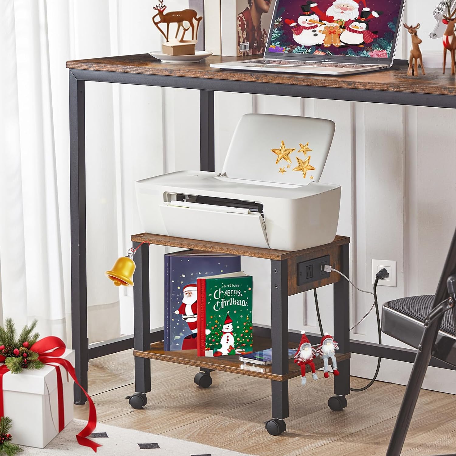 HOOBRO 2-Tier Printer Stand with Charging Station, Under Desk Printer Table, Printer Cart with Storage Shelves, Shelf for Small Spaces, for Home Office, Rustic Brown and Black BF38UPS01 - Image 2