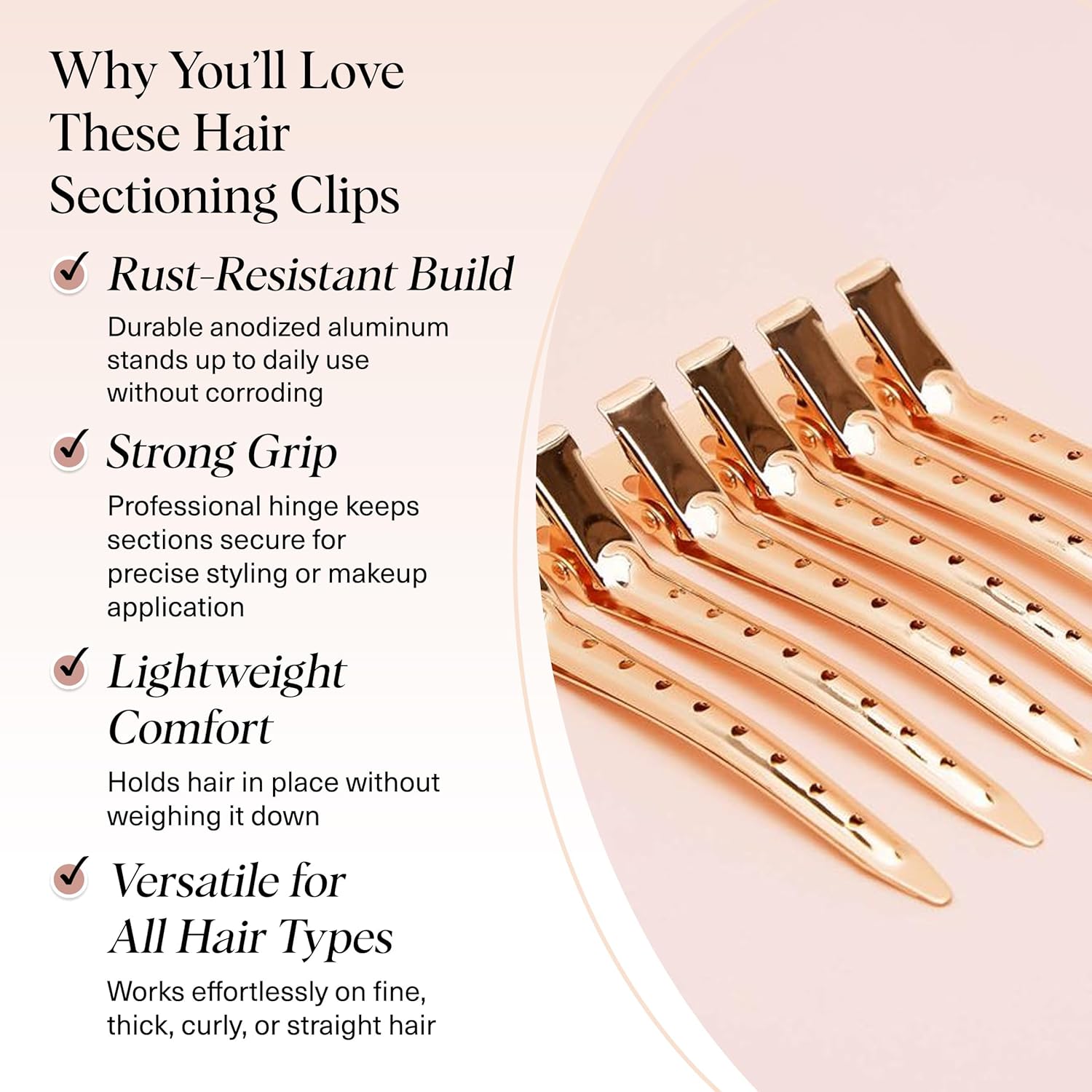 Kitsch Professional Alligator Clips for Hair Styling – 3.5" Aluminum Hair Sectioning Clips for Salon & Makeup Application | Ideal Gifts for Women – Rose Gold, 6 Pcs - Image 3
