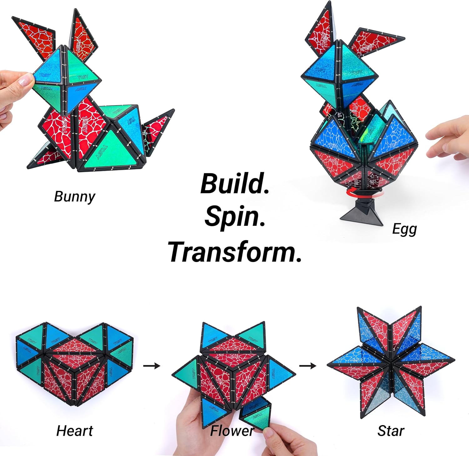 TOSY Magnet Pyramid Stone - 1 Cube Transforms into 1 Billion Shapes (Bunny, Egg Basket, Flowers, Heart), Easter Birthday Gift, 12 pcs, 243 Magnets, Holographic Design, Puzzle/STEM Toy - Image 4