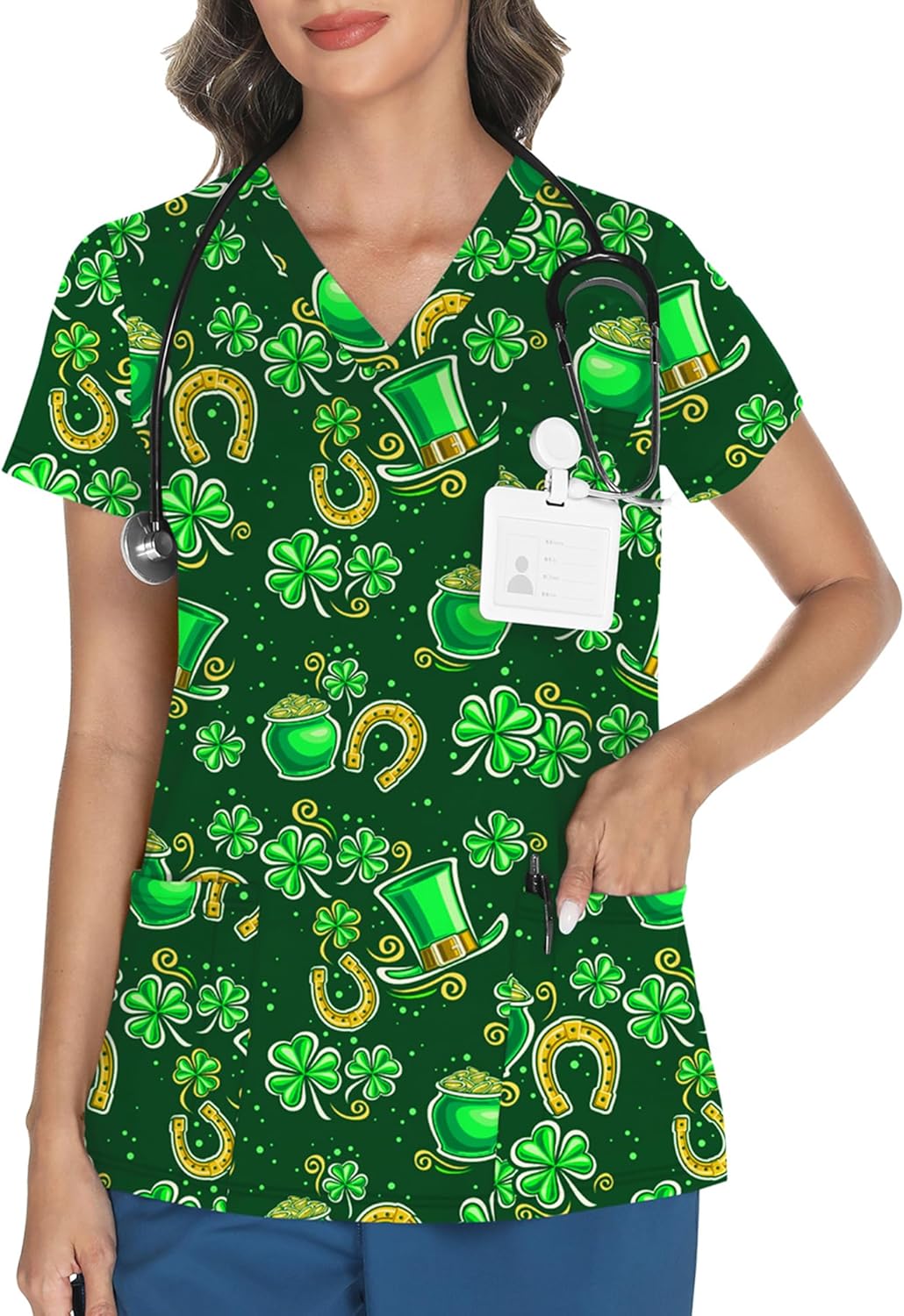 LOMON Women's V Neck Printed Scrub Top with 3 Pockets