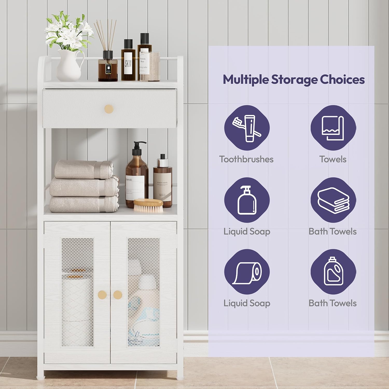 SWTYMIKI 14.57"x32.28" Bathroom Storage Cabinet – Freestanding Toilet Paper Storage with Doors & Drawer, Bathroom Organizers and Storage for Small Spaces, Laundry Room, Ideal for Towels, White - Image 4