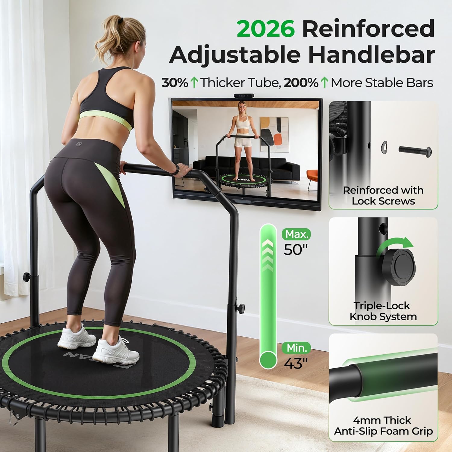 BCAN BT2 450/550LBS Mini Rebounder Trampoline for Adults with Bar, Fitness Trampoline with Bungees, Adjustable Handle, Stable & Quiet, Indoor Outdoor, Whole-Body Workout & Relaxation at Home-40IN/48IN - Image 5