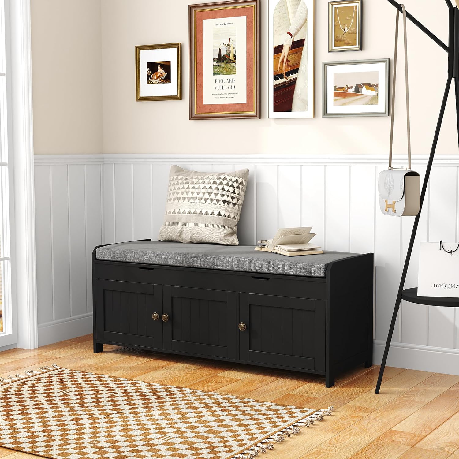 HOMEFORT 41.3" Shoe Bench with Lift Top Storage, Entryway Bench with Cushioned Seat, Wooden End of Bed Bench, Shoe Cabinet Bench with Hidden Storage Space, for Bedroom, Hallway,Black - Image 8