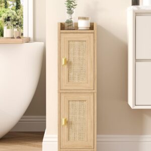 Akxomel Rattan Small Bathroom Cabinet with 2 Doors, 7.9”D x 7.9”W Narrow Toilet Paper Storage Cabinet, Bathroom Organizer for Small Spaces, Wooden Slim Corner Unit with Adjustable Shelf, Natural Oak