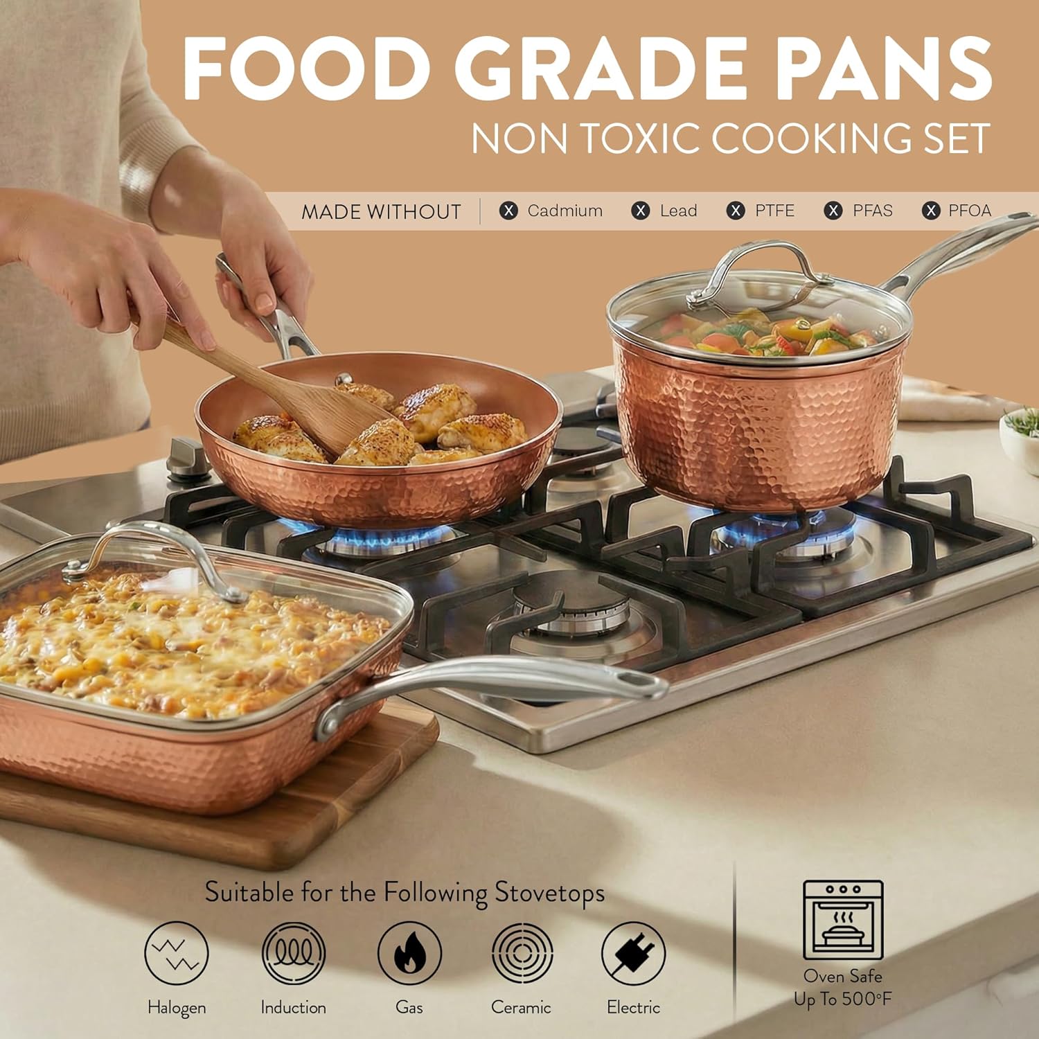 Gotham Steel Hammered 20 Pc Ceramic Cookware Set Nonstick, True Ceramic Pots and Pans Set Non Stick with Deep Square Pan Set & Bakeware Set, Non Toxic PFOA PFOS Free, Oven & Dishwasher Safe - Image 6