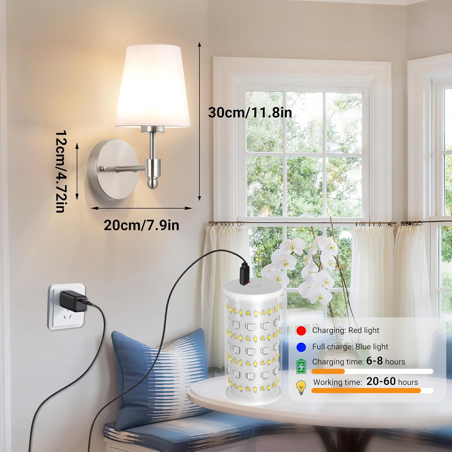 Battery Operated Wall Sconces Set Of 2, Wireless Battery Wall Light With 10000mAh RGB Rechargeable Magnetic Bulb, Rechargeable Wall Sconce With Remote Control For Bedroom, No Electrician Required - Image 7