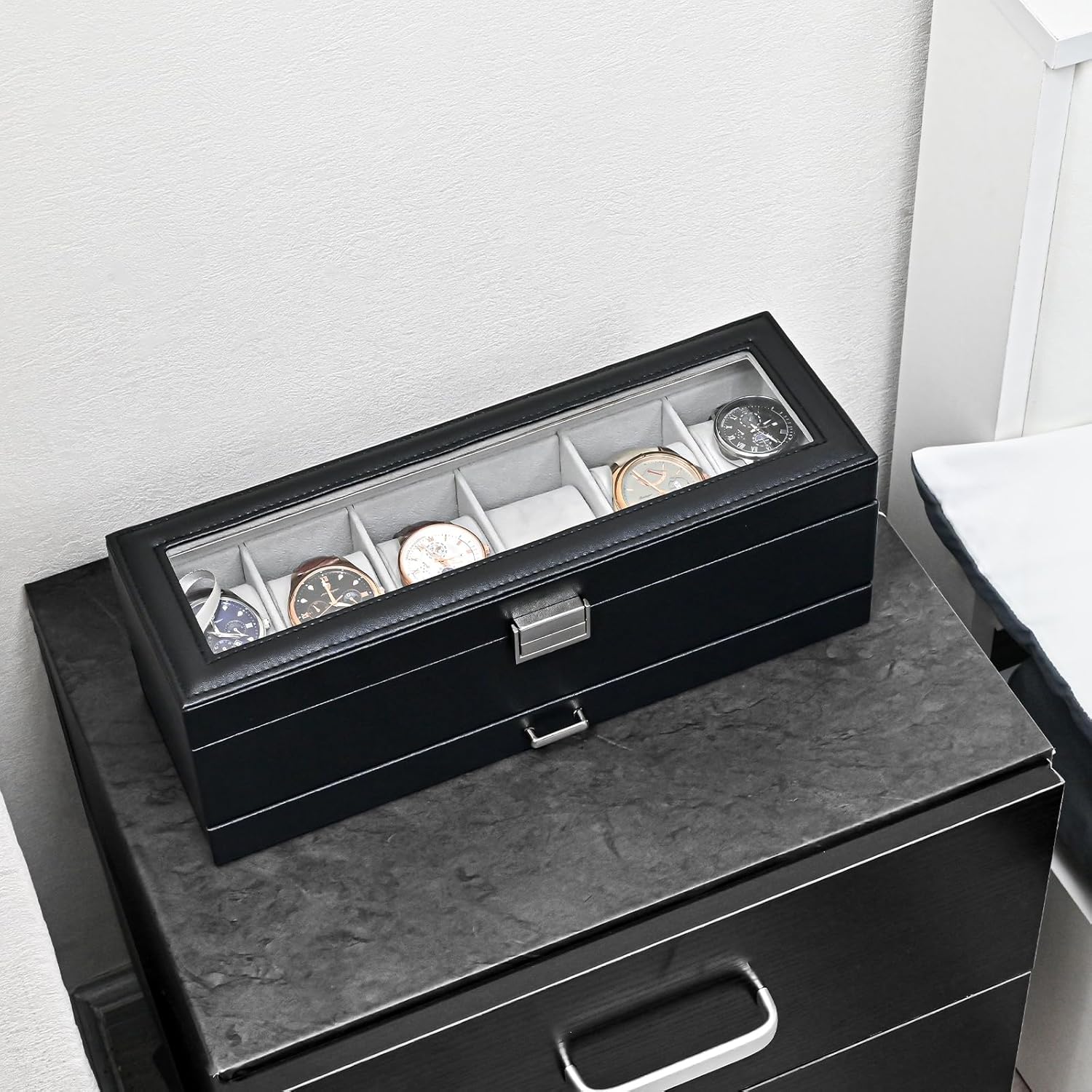 ProCase Watch Box, 6 Slot Watches Display Case with Drawer, Mens Watch Case with Glass Lid, 2-Layer Mens Jewelry Organizer Storage Holder, Birthday Valentine Gifts for Men -6 Slot, Black - Image 7