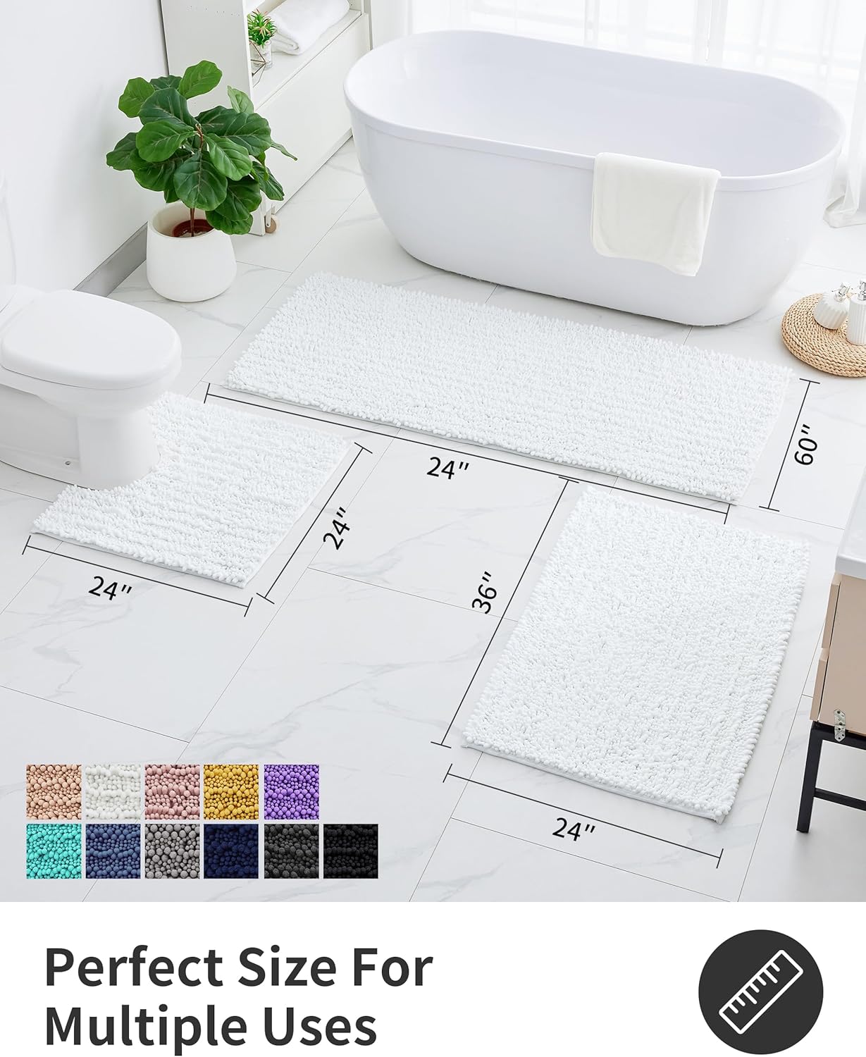 ILANGO Bathroom Rugs White 44x24,Extra Soft Absorbent Chenille Bath Rugs,Thick Non-Slip Shaggy Bath Mat,Machine Washable Quick Dry Bath Mats for Bathroom Floor, Tub, Shower Accessories - Image 2