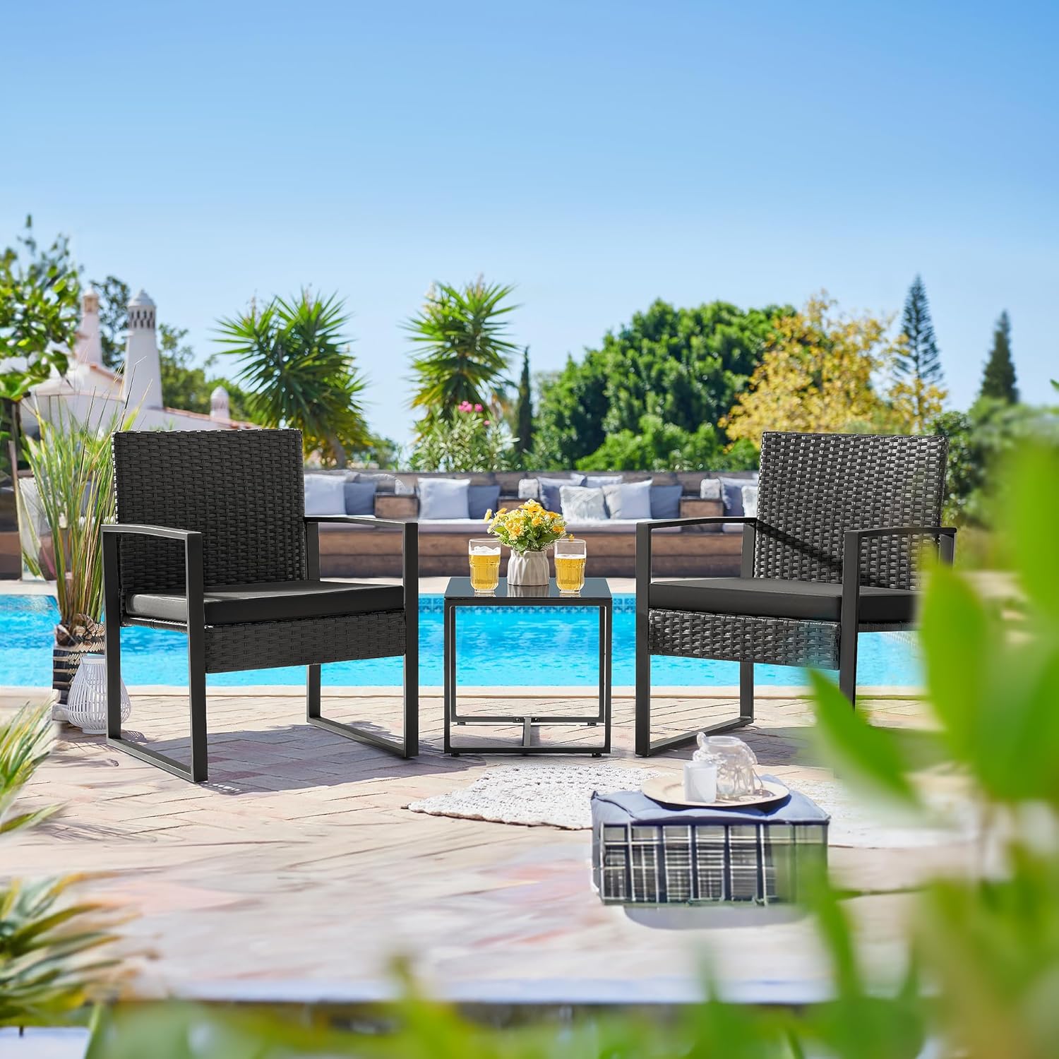 Flamaker 3 Pieces Outdoor Patio Wicker Furniture Set, Modern Rattan Chair Conversation Sets with Coffee Table for Yard and Bistro (Black) - Image 6