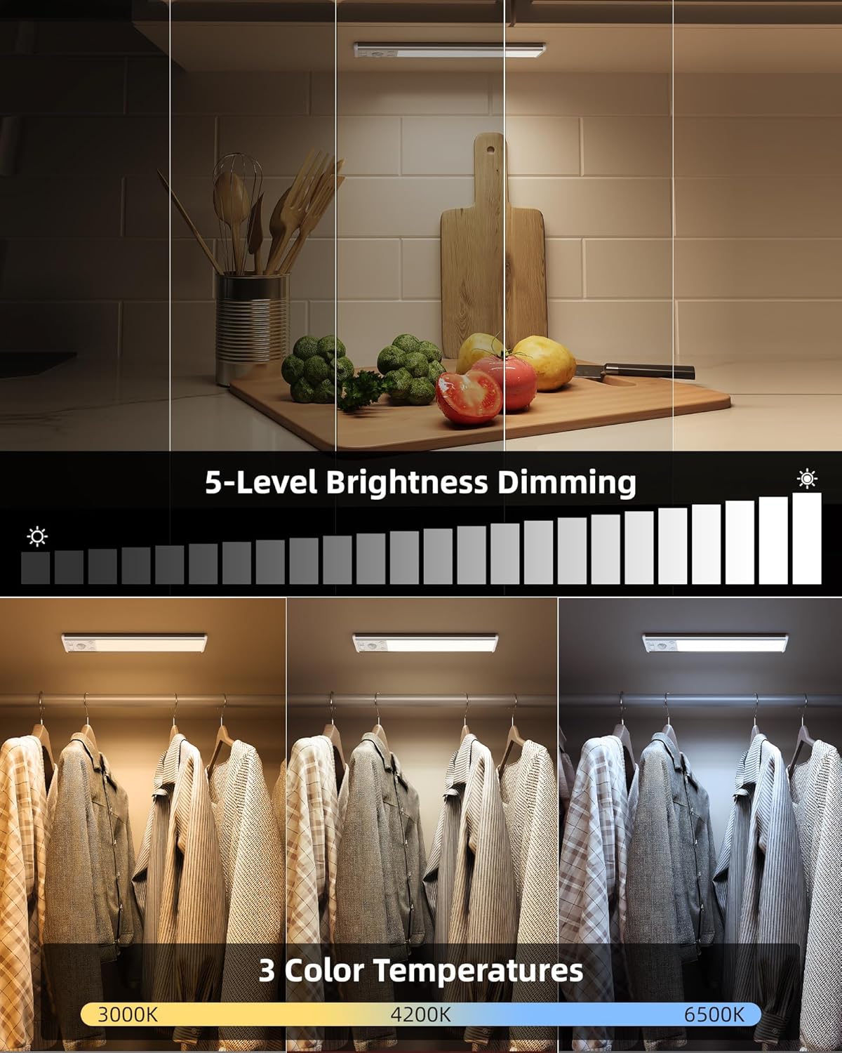 EZVALO 8" Under Cabinet Lighting, 2400mAh Rechargeable Motion Sensor Light Indoor, Mini & Slim Design, 3 Color Temps, Dimmable Magnetic Wireless Closet Lights for Kitchen, Pantry, Stairs (2 Pack) - Image 4