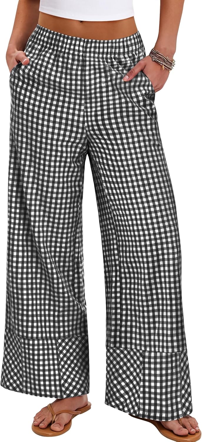 ANRABESS Womens Gingham Pants Checkered Plaid Striped Boxer Wide Leg Palazzo Pants Lounge PJ Bottoms Trousers with Pockets