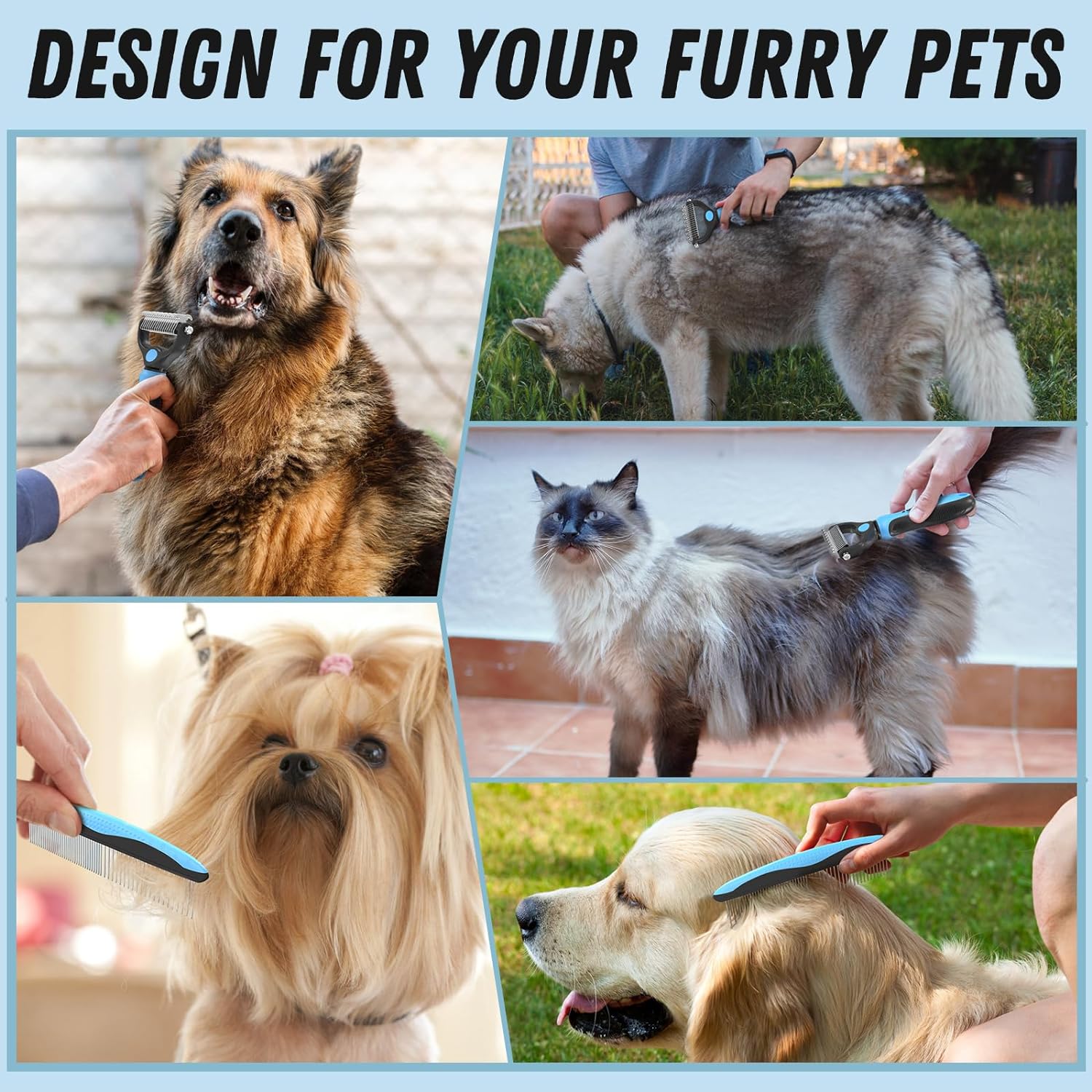 Docrok Pet Grooming Combo - Blue Deshedding Brush with Metal Comb for Detangling and Dematting Long, Matted Fur on Cats and Dogs - Image 7