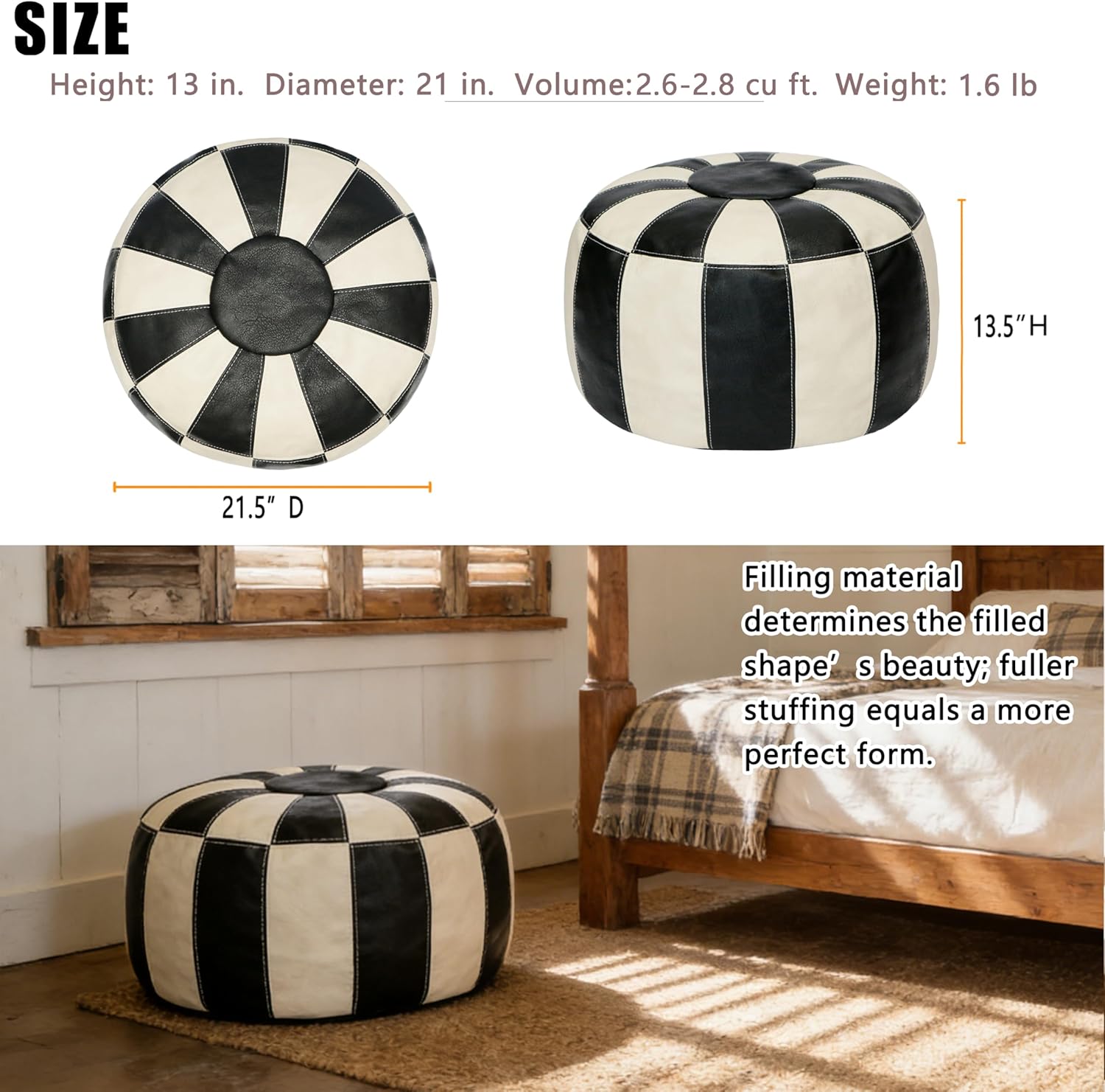 Thgonwid Unstuffed Moroccan Ottoman Pouf Cover, Ottoman Footstool Storage Solution, Bean Bag Chair, Foot Rest, Multi-Black&White - Image 3