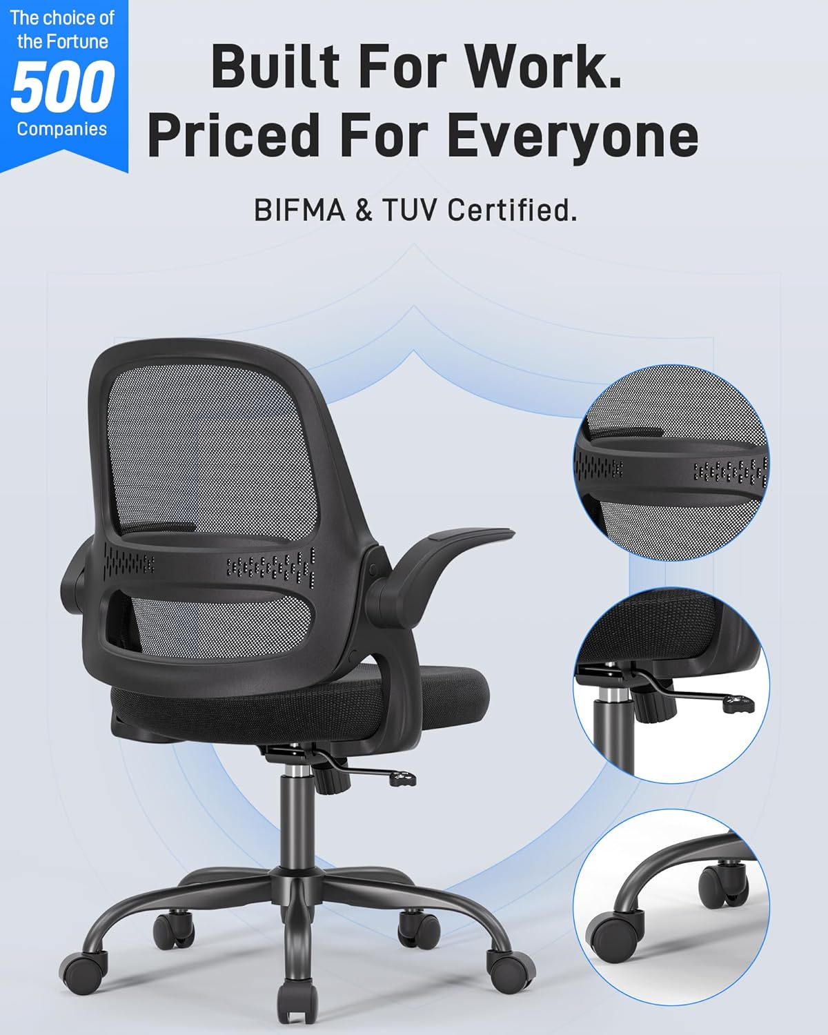 Ergonomic Mesh Office Chair for Home Office, Flip-Up Arms, Breathable Mesh Back & Thick Seat Cushion, Swivel Rolling Computer Desk Chair, BIFMA Certified, Supports 300 lbs (Black Frame/Black Seat) - Image 8
