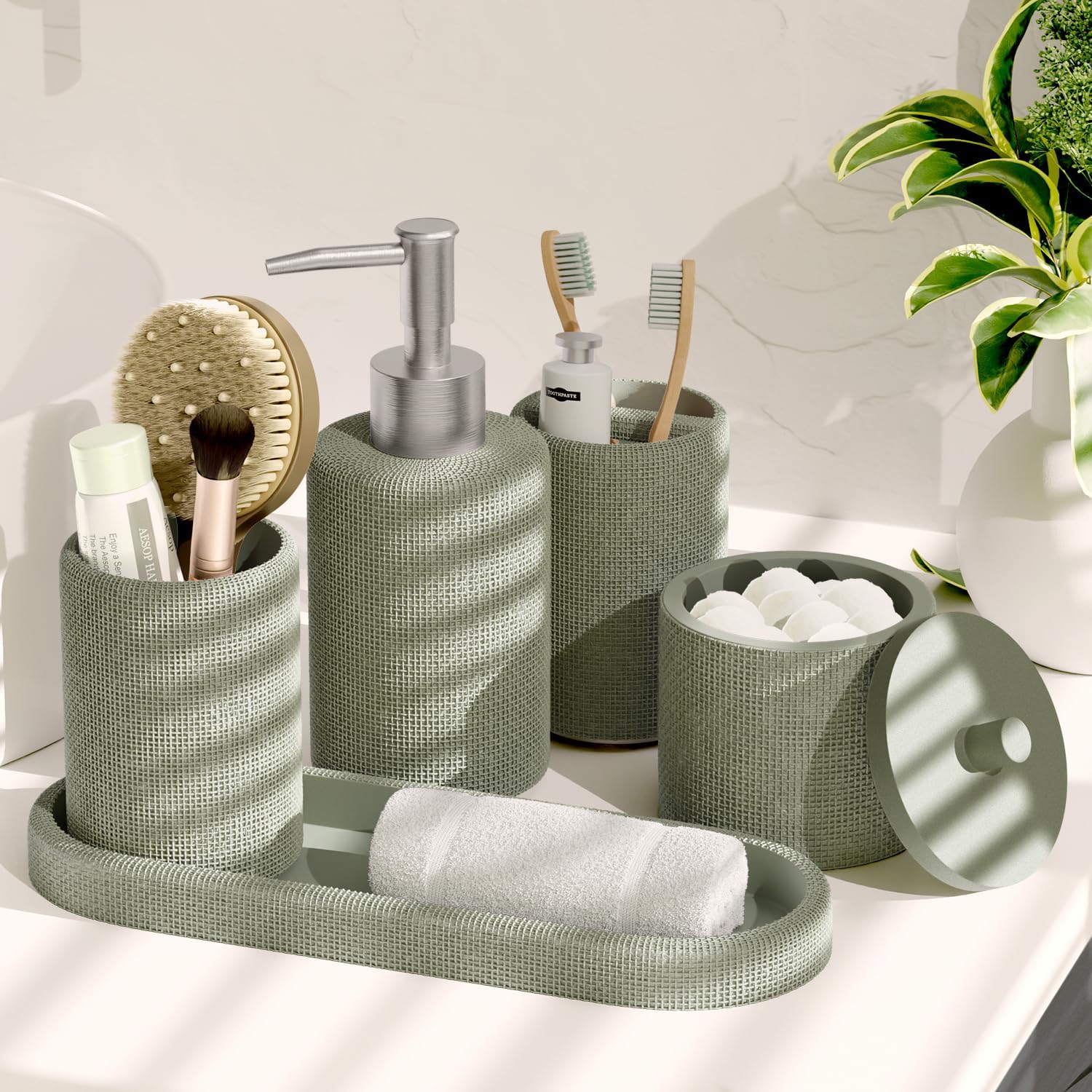 Clara Clark Sage Green Bathroom Set - Bathroom Accessories Set, 19PC Bathroom Accessory Set, Bathroom Sets with Shower Curtain Set, Soap Dispenser & Toothbrush Holder - Image 8