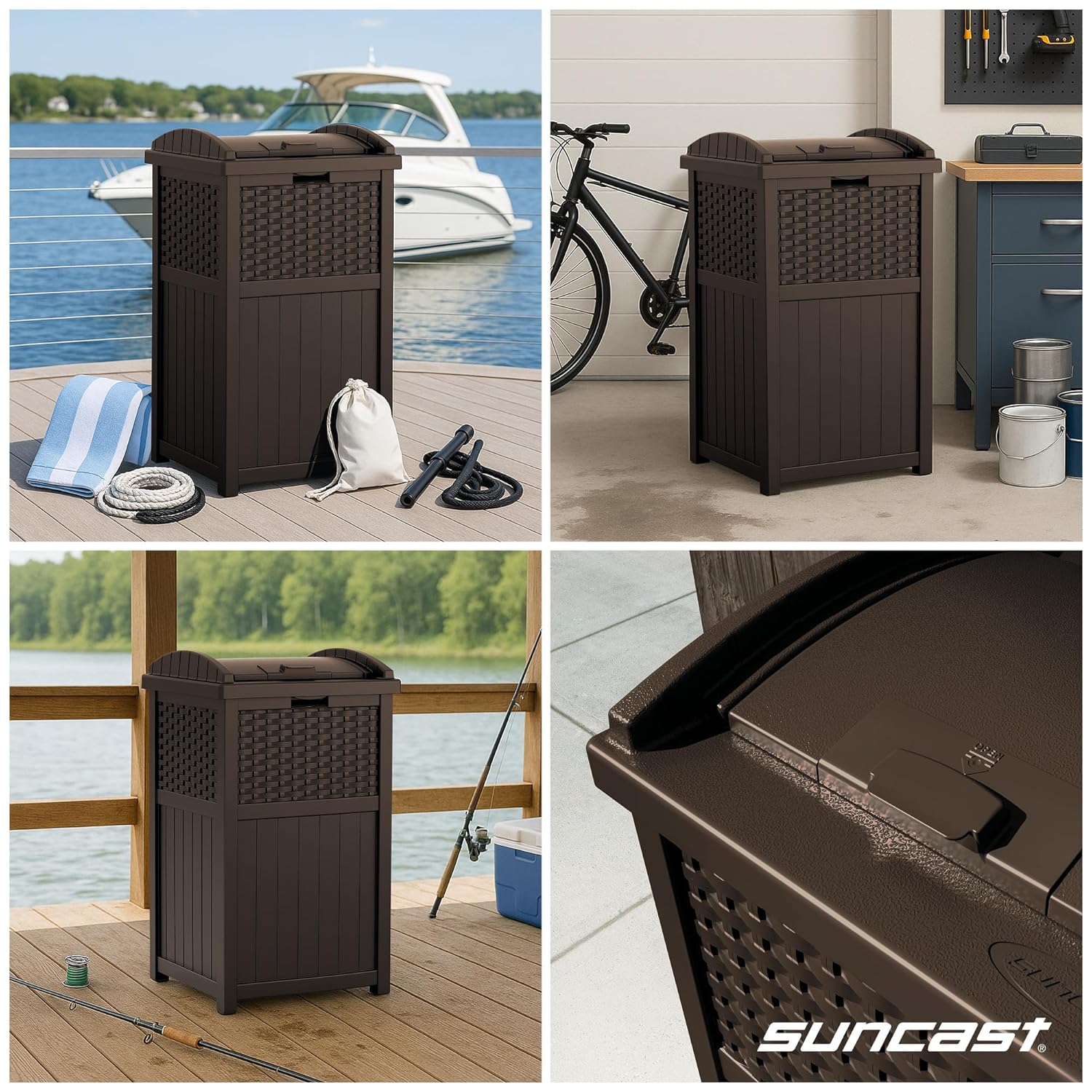 Suncast 33 Gallon Commercial Outdoor Trashcan Hideaway with Lid for 30 to 33 Gallon Trash Bags for Garage, Backyard, or Garden, Brown - Image 5