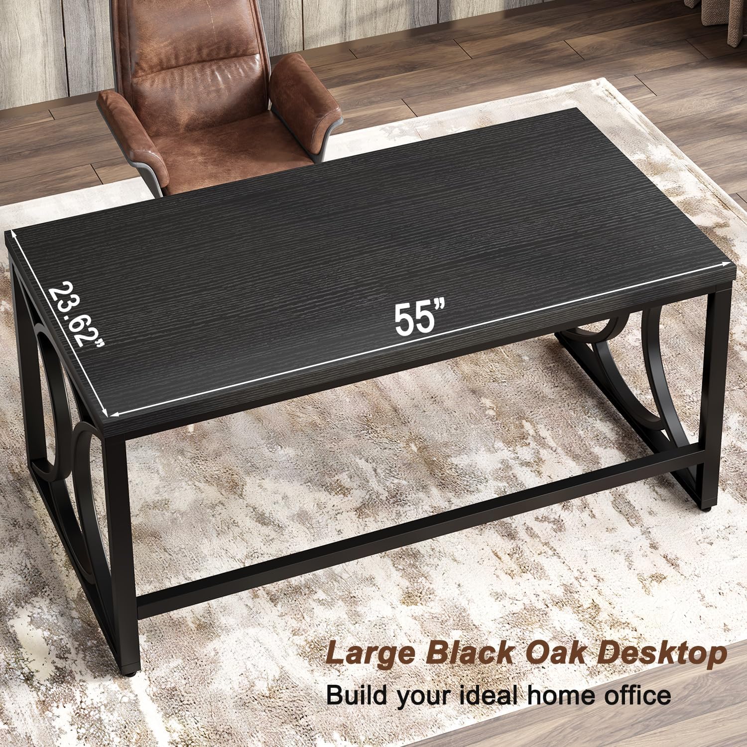 HSH Black Computer Desk, 55 Inch Metal Wood Home Office Desk, Simple Industrial Study Executive Desk for Work Writing, Modern Student Gaming Computer PC Table for Bedroom Living Room - Image 8