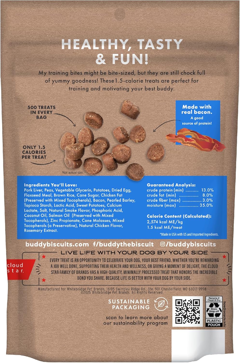 Buddy Biscuits Trainers 10 Oz. Pouch of Training Bites Soft & Chewy Dog Treats Made with Bacon Flavor - Image 2