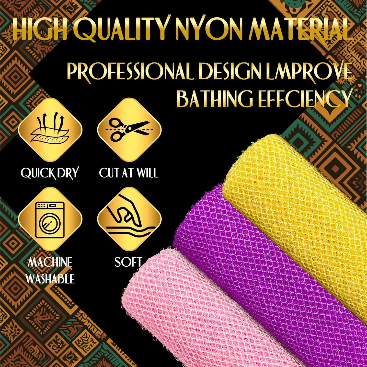 UJFQBH 3 Pieces African Bath Sponge African Net Long Net Bath Sponge Exfoliating Shower Body Scrubber Back Scrubber Skin Smoother,Great for Daily Use (Pink,Yellow,Purple) - Image 2