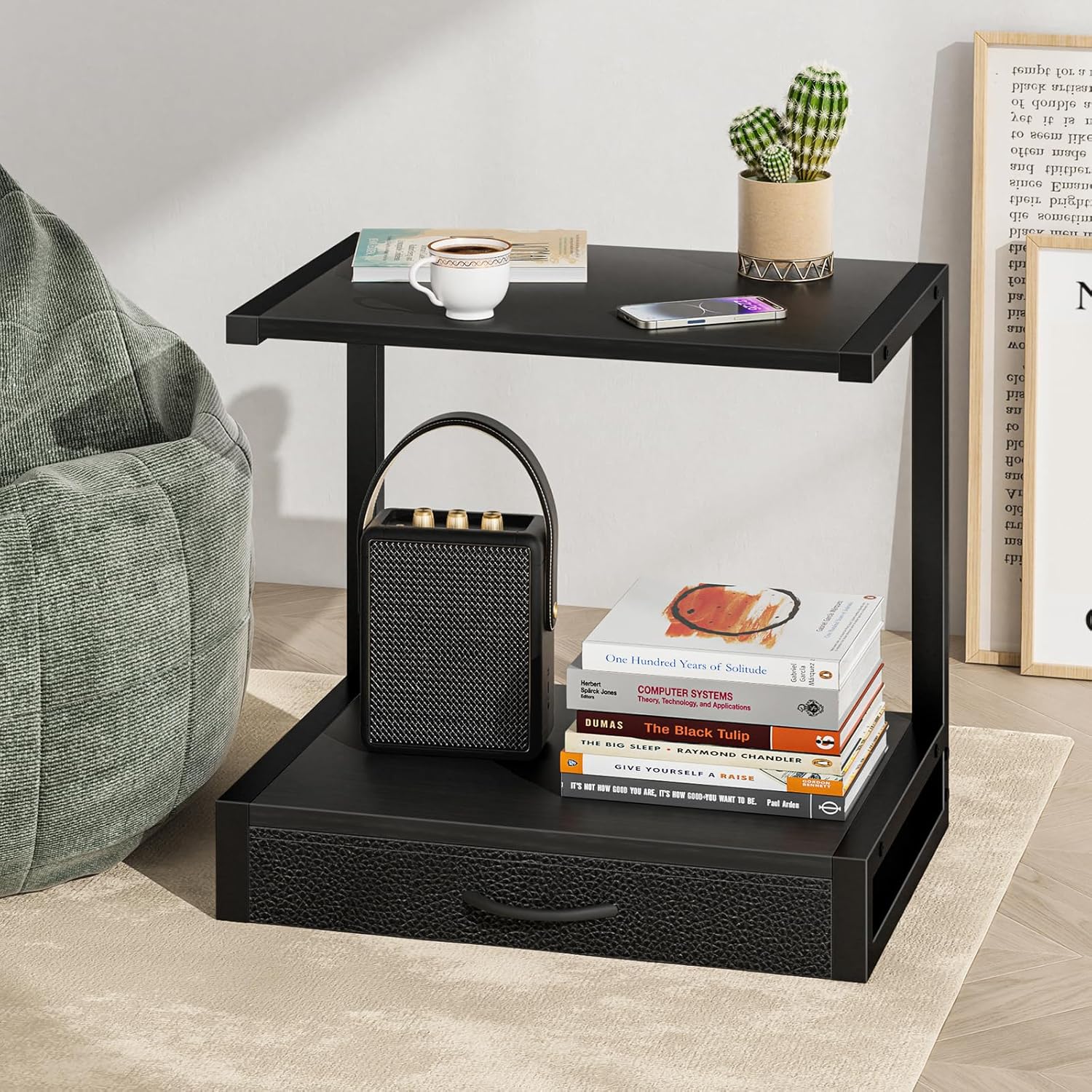 YAOHUOO 2-Tier Desktop Printer Stand with Fabric Drawer, Prtiner Table with Storage Shelf, Desk Organizer for Home Office,3D Printer,Fax Machine,Scanner, 17.3"x11.8" Black - Image 5