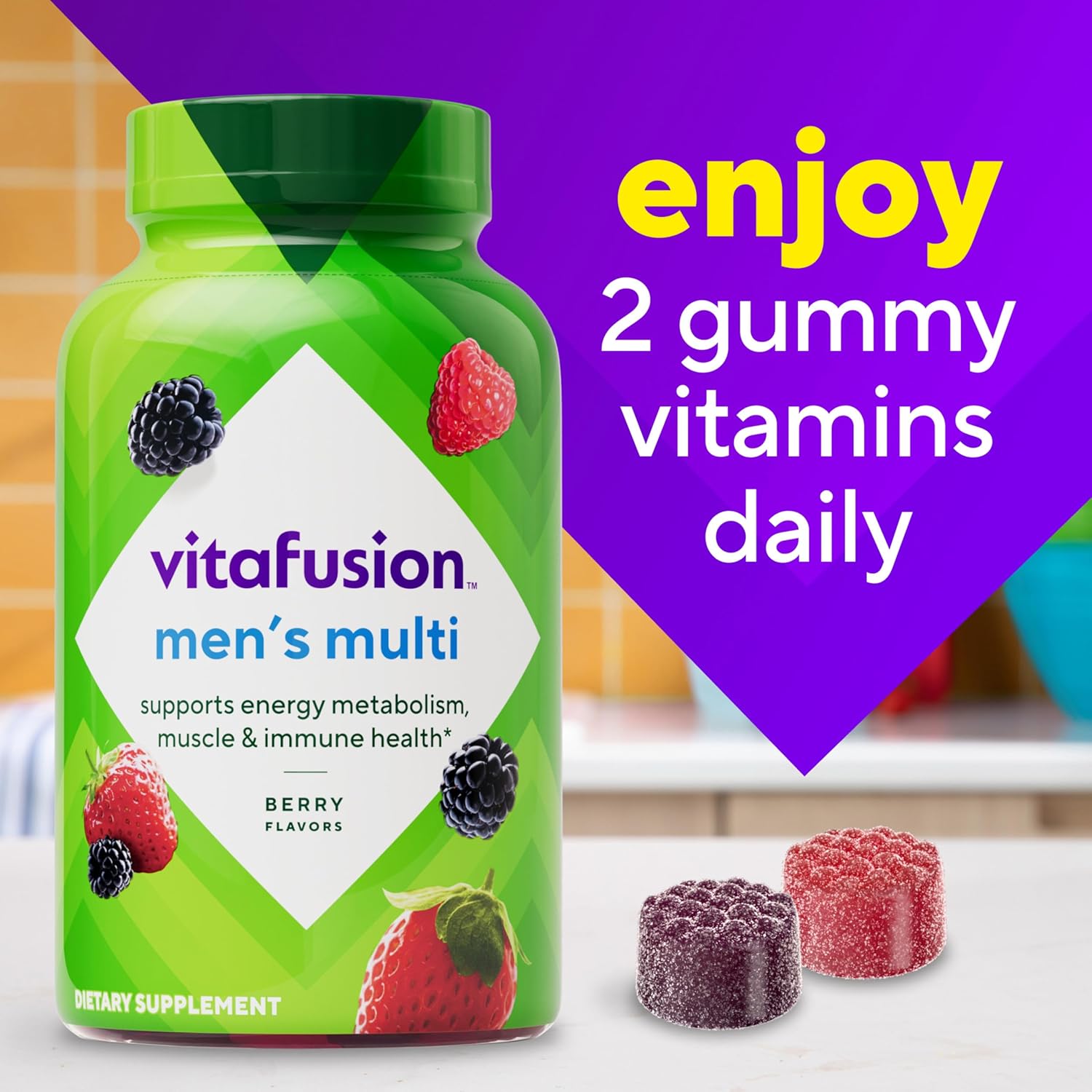 vitafusion Adult Gummy Vitamin Supplement for Men, Berry Flavored, A, C, D, E, B6, B12, Daily, 120 Count, 60 Day Supply - Image 9