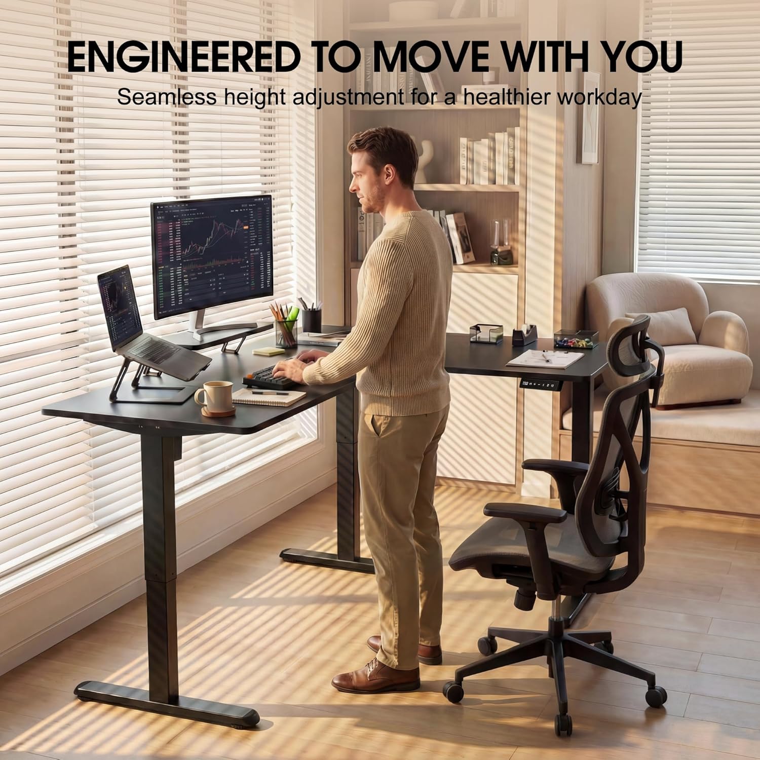 Furmax 63 x 47 Inch L Shaped Standing Desk with 2 Preset Heights, Electric Height Adjustable Computer Desk, Corner Sit Stand Desk for Home Office, 2 Hooks & Feet Balance (Black, 63 x 47 Inch) - Image 6